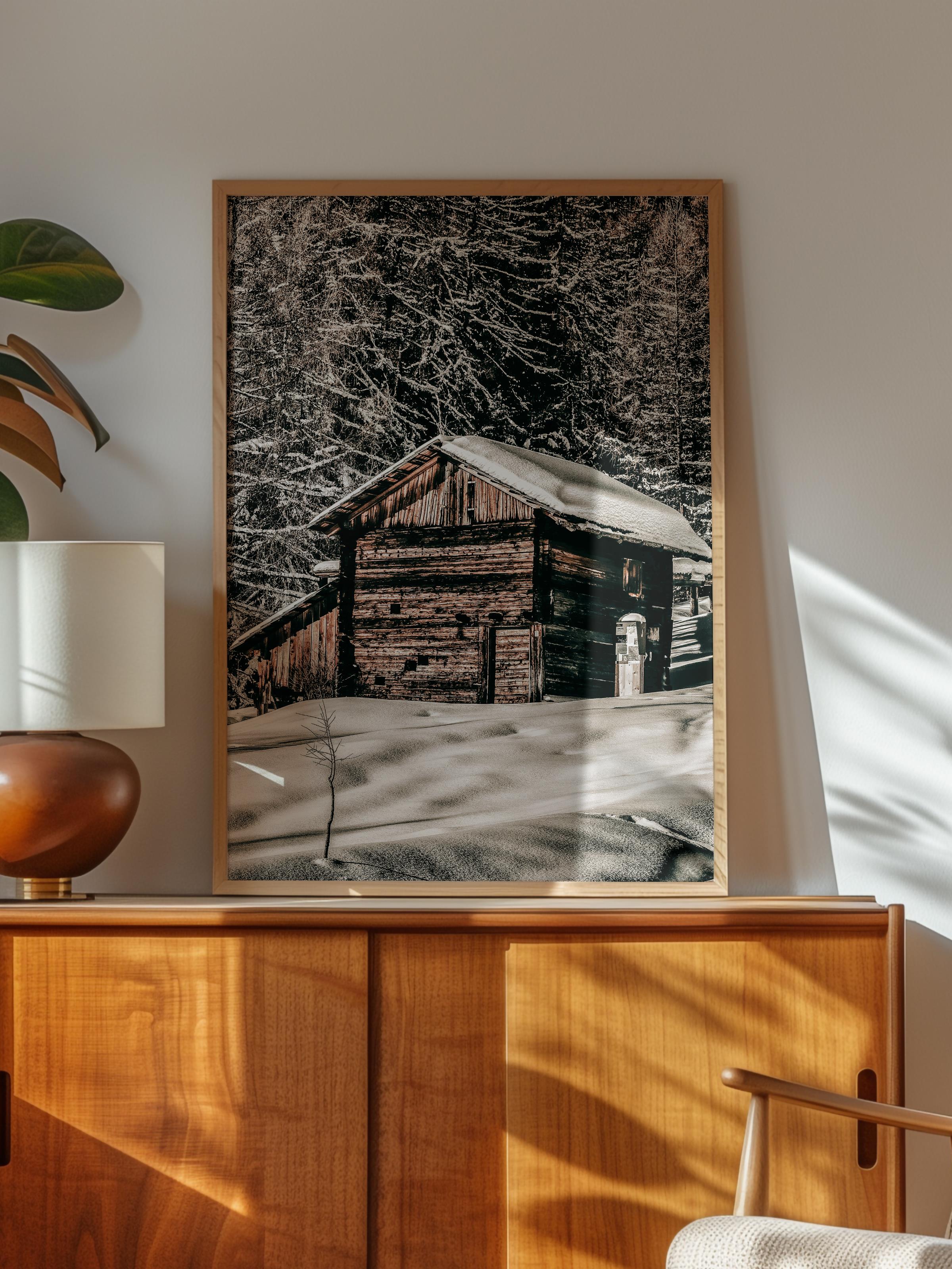 Rustic Çerçevesiz Poster, İskandinav Kahverengi Poster, NO:93 Kış Manzarası Kulübe Fotoğraf, Dikey