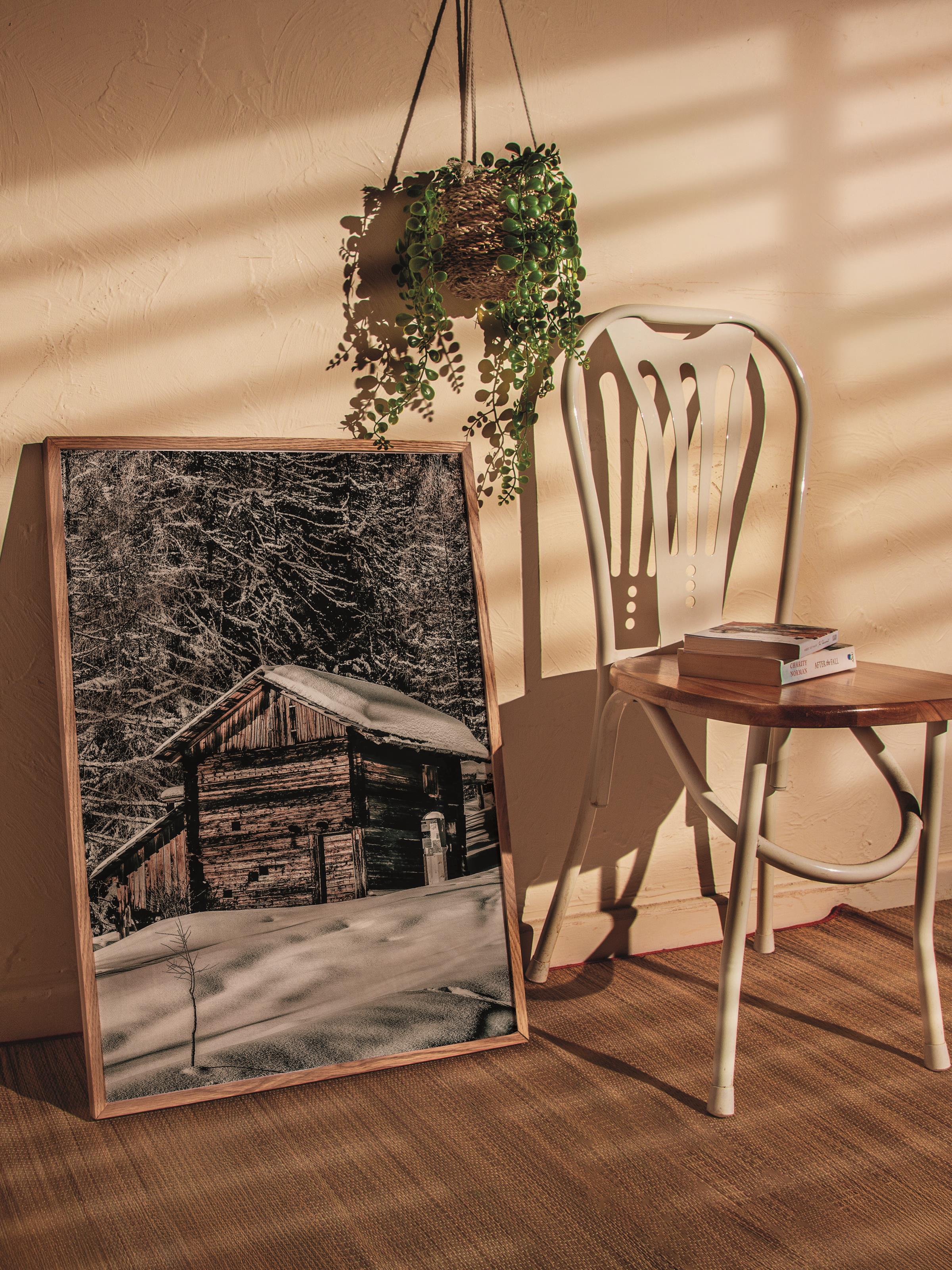 Rustic Çerçevesiz Poster, İskandinav Kahverengi Poster, NO:93 Kış Manzarası Kulübe Fotoğraf, Dikey