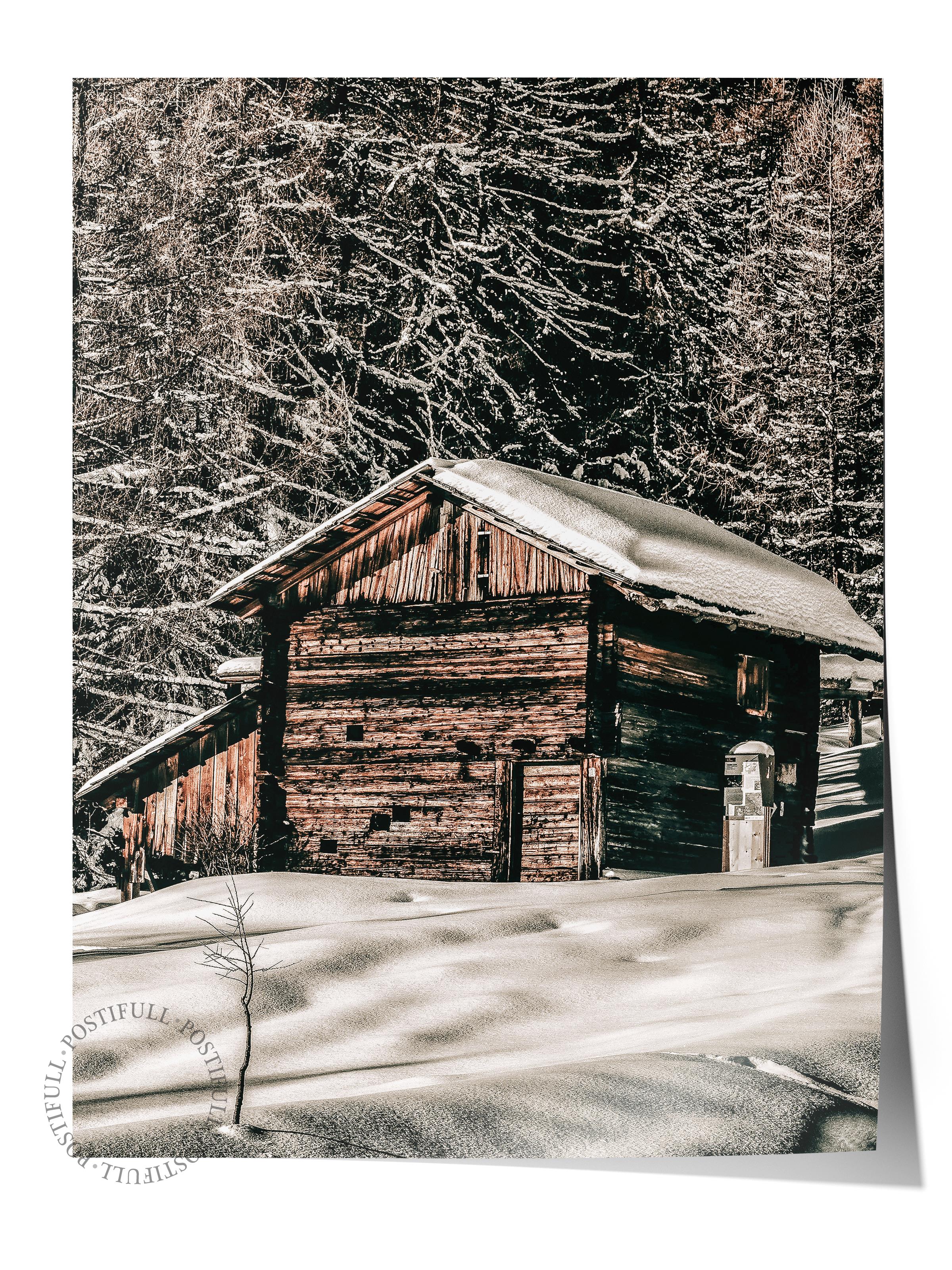 Rustic Çerçevesiz Poster, İskandinav Kahverengi Poster, NO:93 Kış Manzarası Kulübe Fotoğraf, Dikey