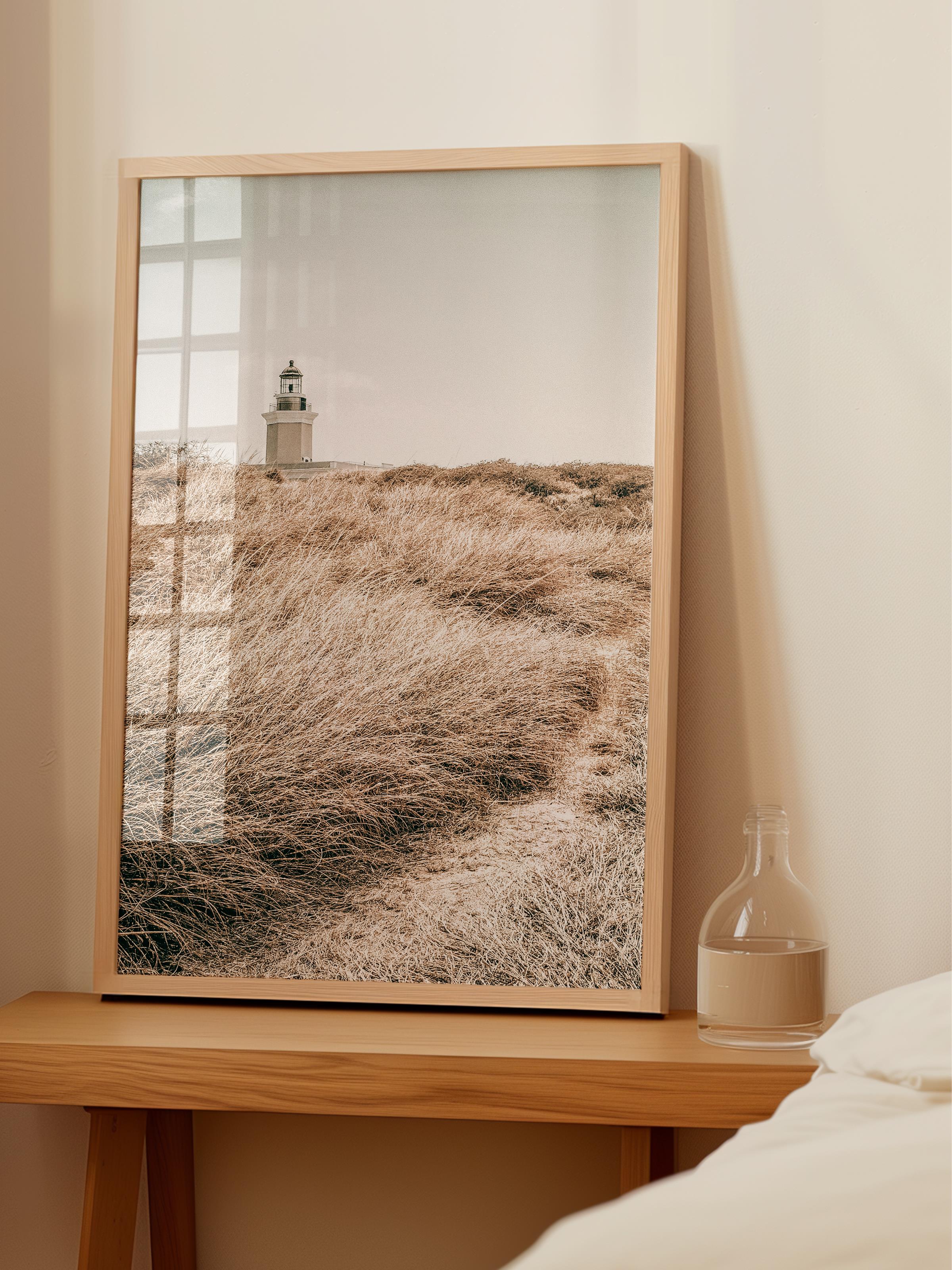 Rustic Çerçevesiz Poster, İskandinav Kahverengi Poster, NO:96 Deniz Feneri ve Çimenler Fotoğraf Dikey