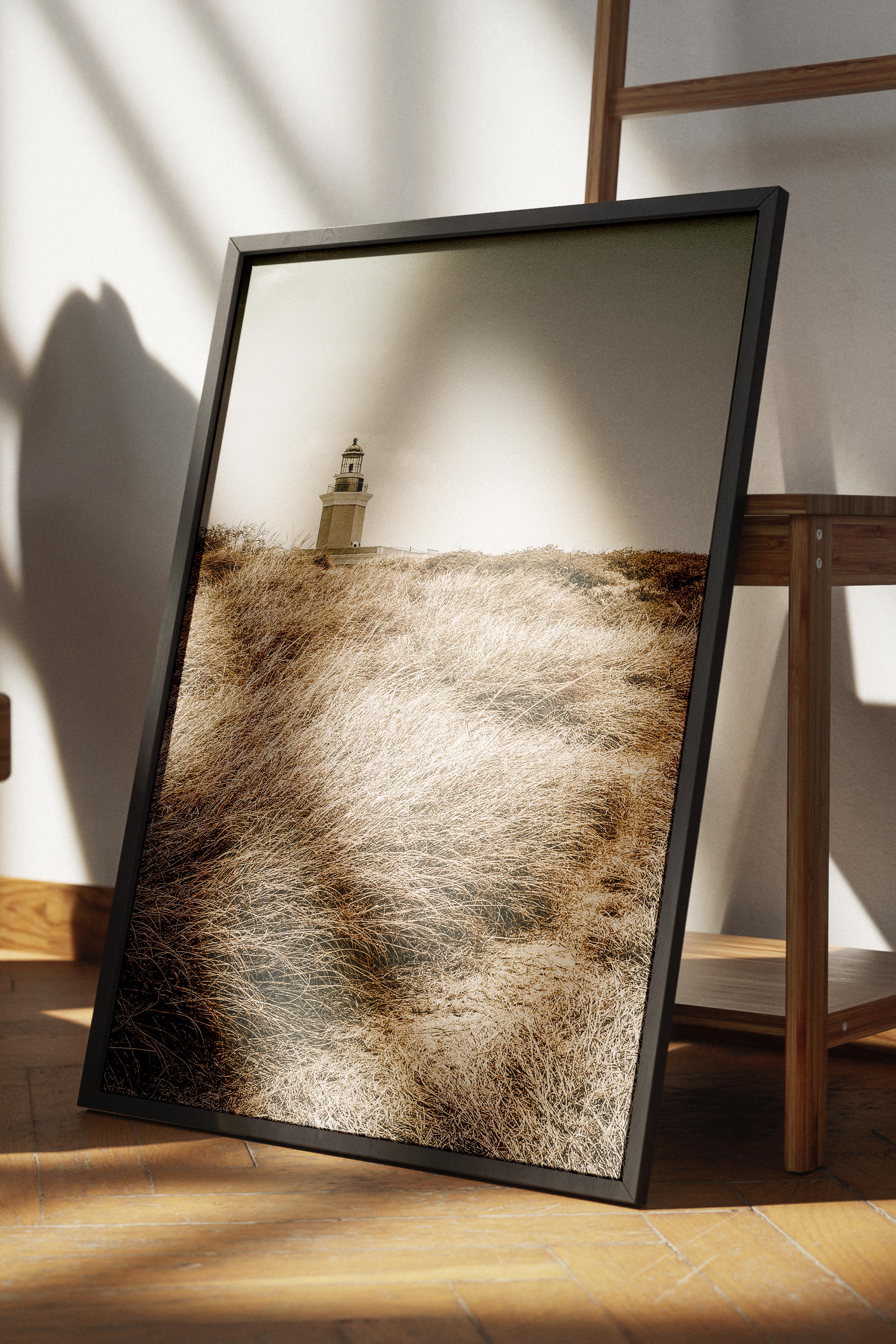 Rustic Çerçevesiz Poster, İskandinav Kahverengi Poster, NO:96 Deniz Feneri ve Çimenler Fotoğraf Dikey