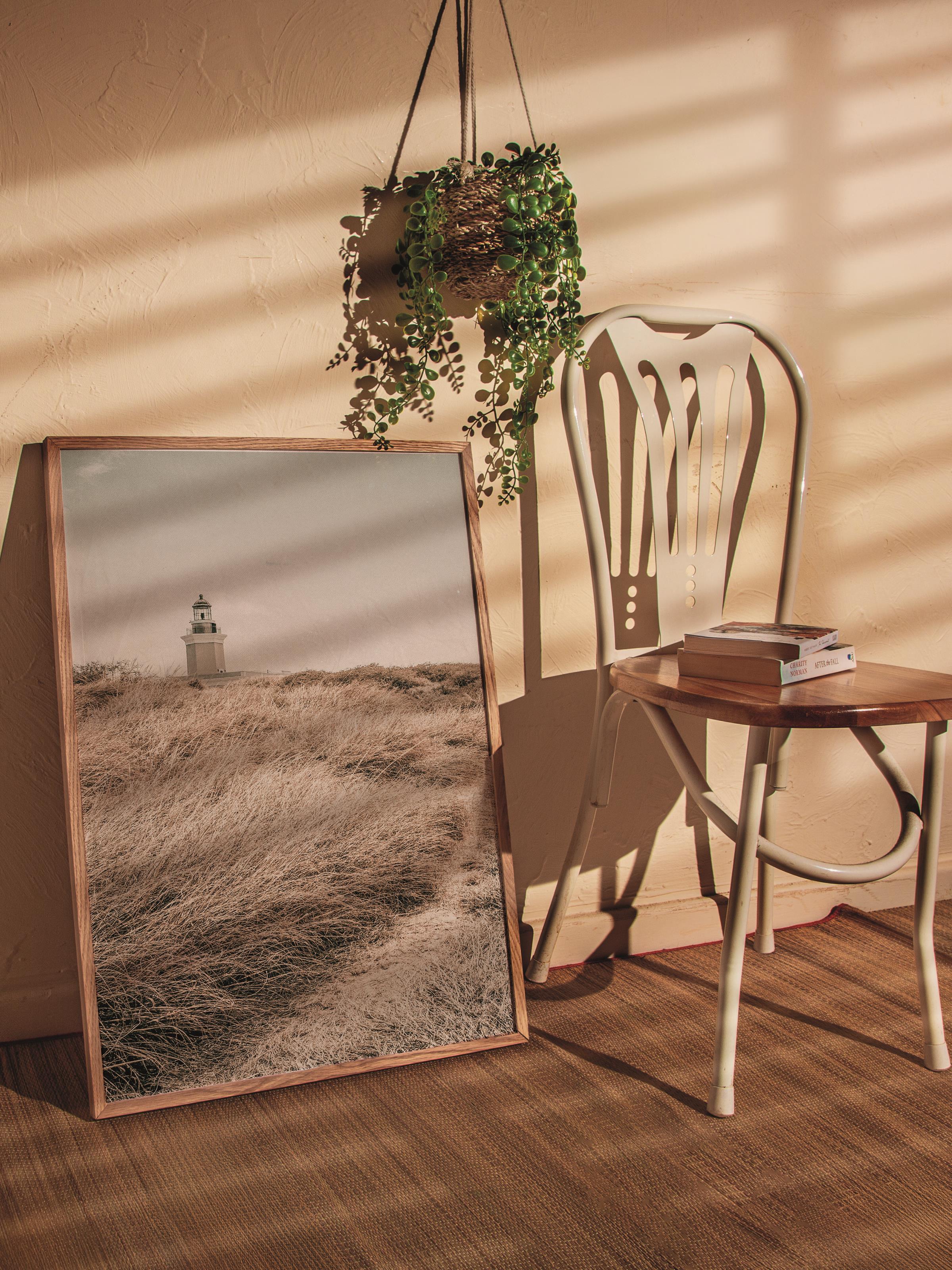 Rustic Çerçevesiz Poster, İskandinav Kahverengi Poster, NO:96 Deniz Feneri ve Çimenler Fotoğraf Dikey