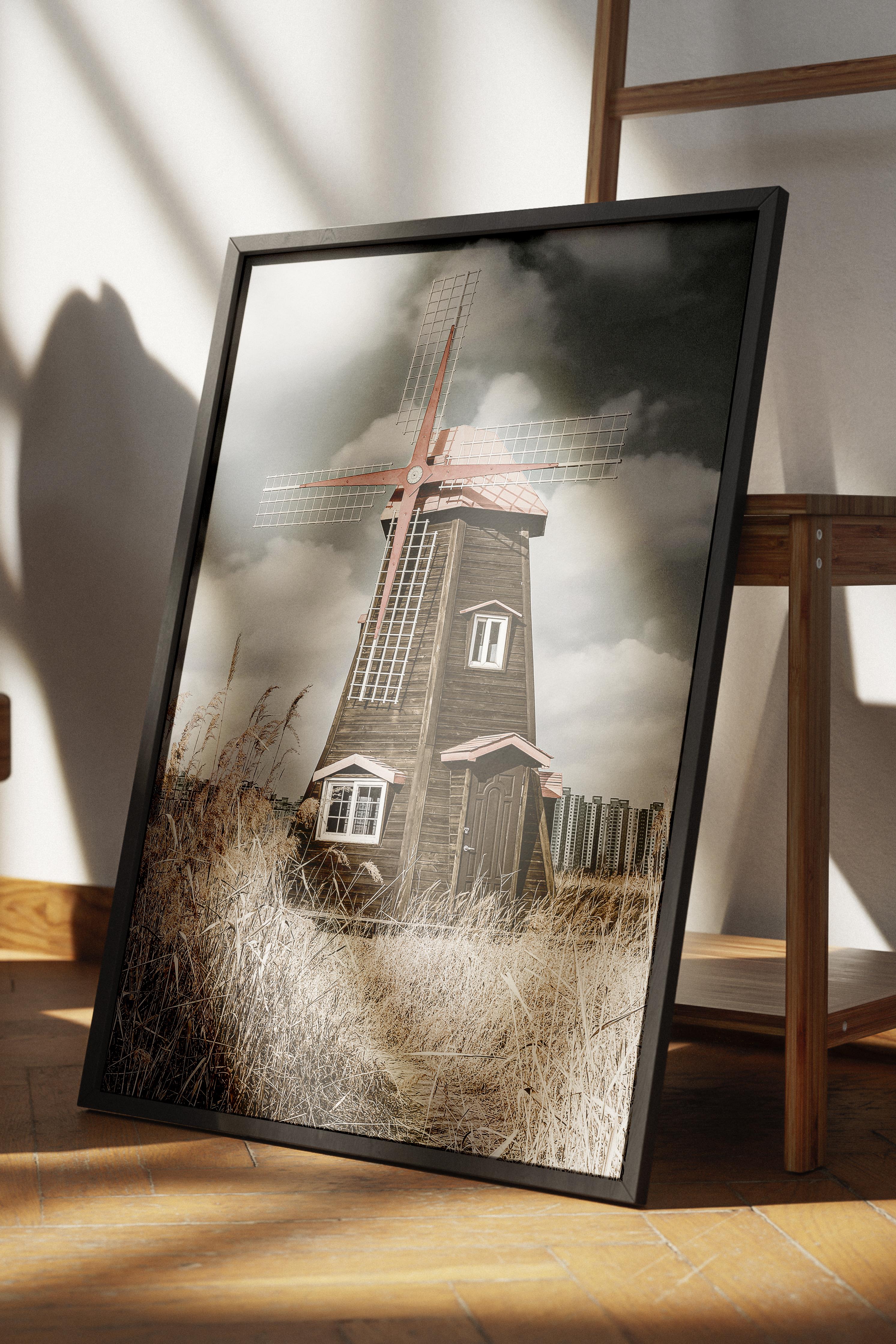 Rustic Çerçevesiz Poster, İskandinav Kırmızı Poster, NO:262 Kırmızı Değirmen Fotoğraf, Dikey