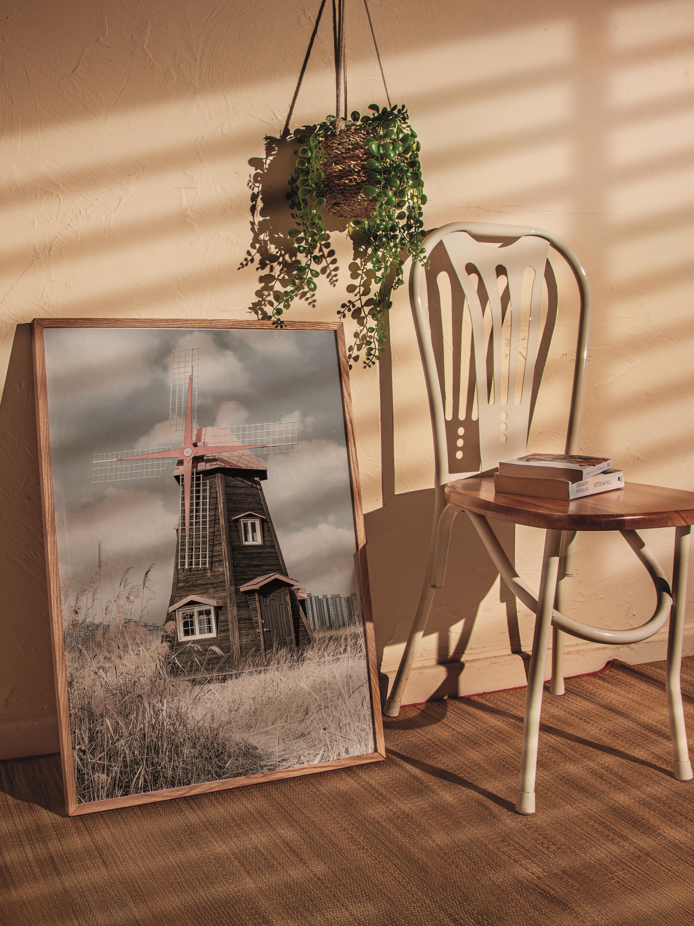 Rustic Çerçevesiz Poster, İskandinav Kırmızı Poster, NO:262 Kırmızı Değirmen Fotoğraf, Dikey