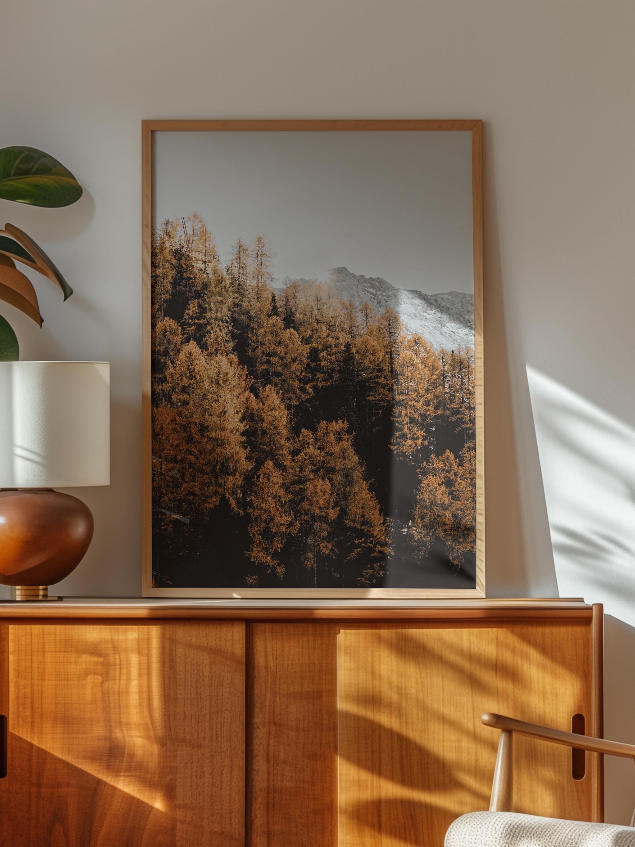 Rustic Çerçevesiz Poster, İskandinav Turuncu Poster, NO:6 Sonbahar Ormanı ve Dağ Fotoğraf, Dikey