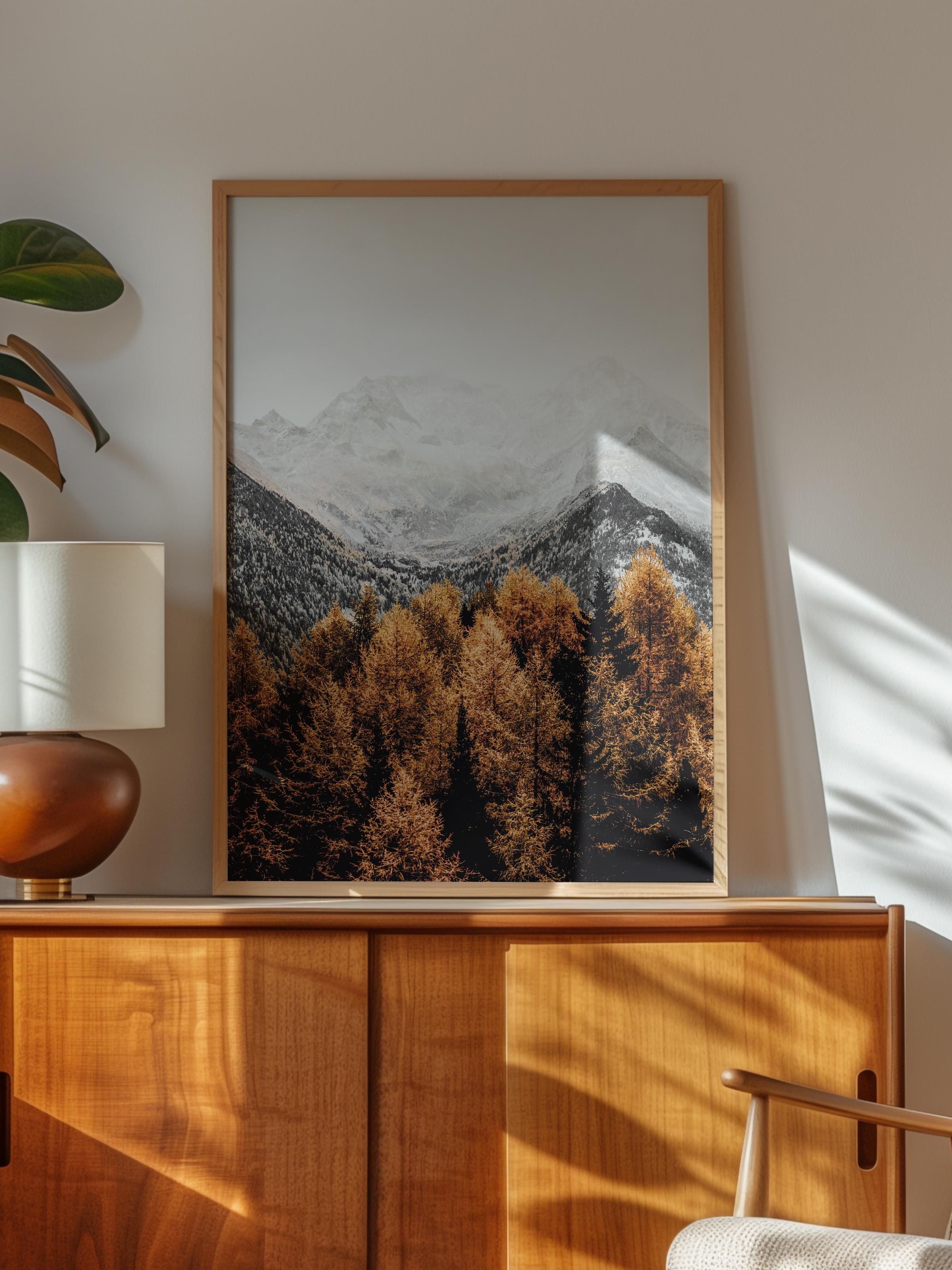 Rustic Çerçevesiz Poster, İskandinav Turuncu Poster, NO:8 Sonbahar Ormanı ve Dağlar Fotoğraf, Dikey