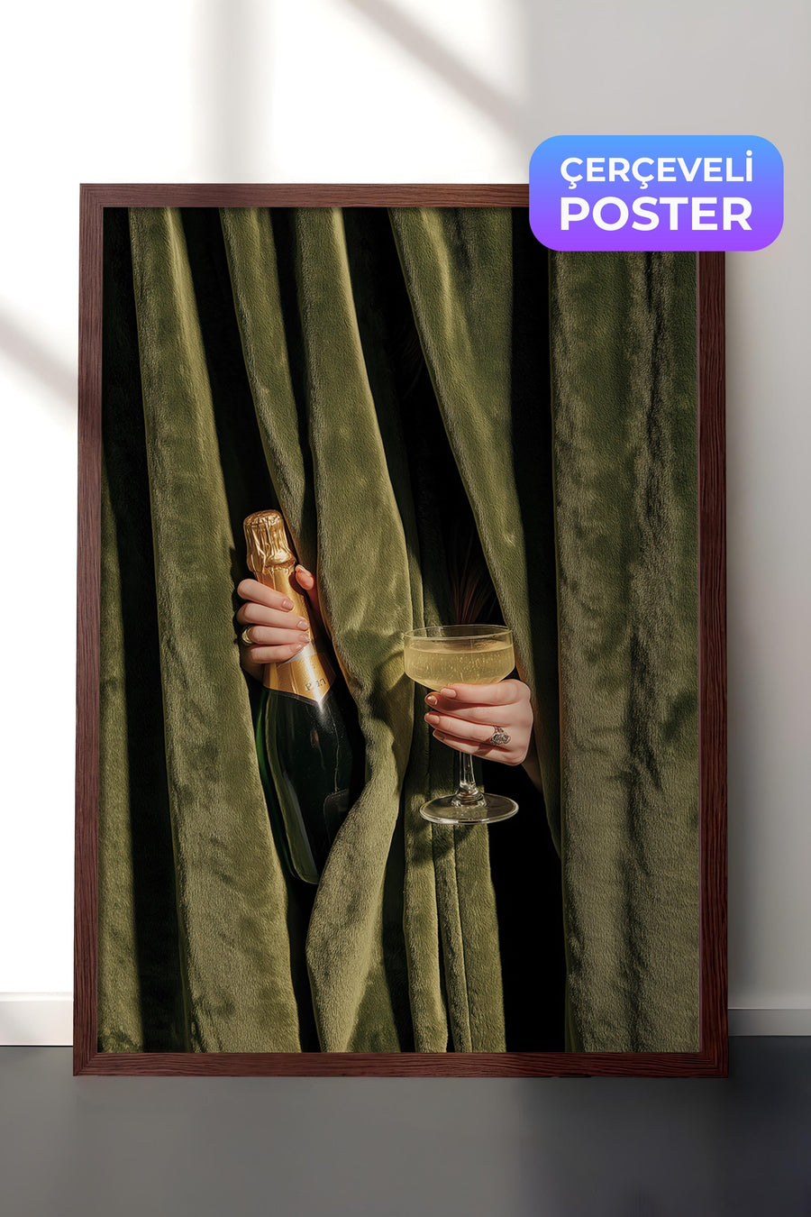 Şampanya ve Kadeh Posteri, Kahverengi Çerçeveli Poster, Old Money Serisi, NO:113213