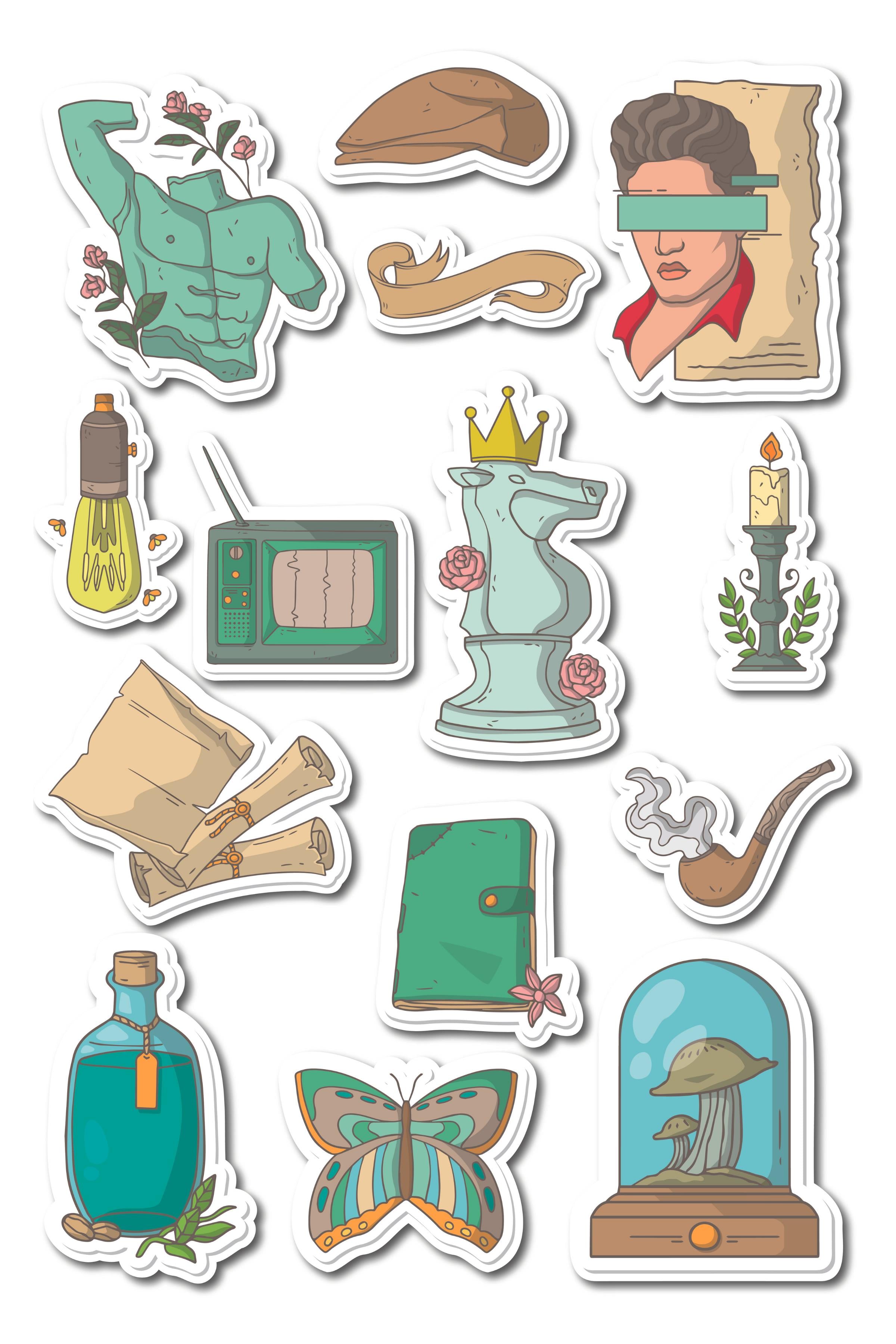 Sanat Temalı Sticker ve Etiket Seti - Orta Boy - Su Geçirmez, Kalın Yapışkanlı Sticker Seti