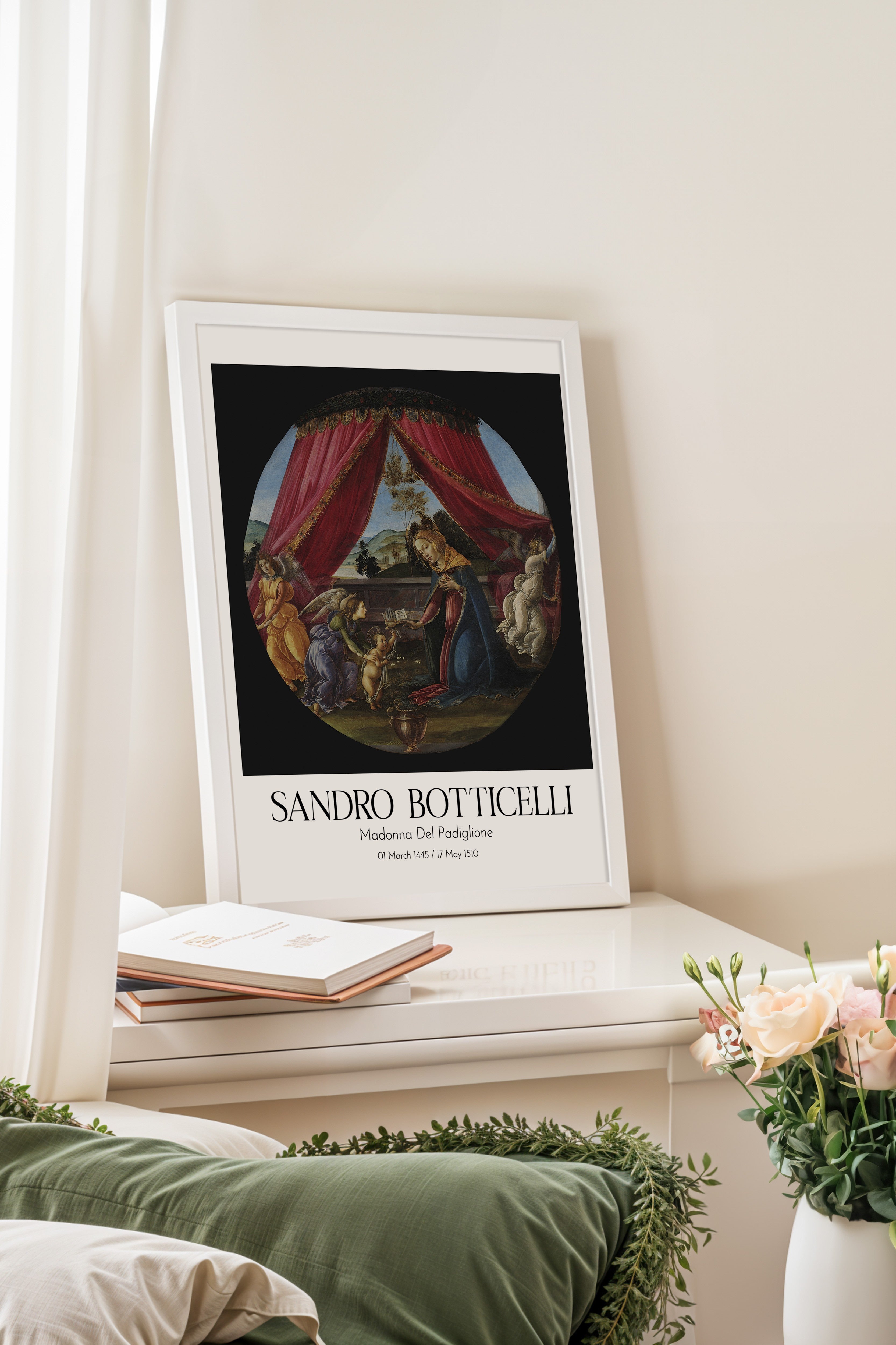Sandro Botticelli - Madonna Del Padiglione, Beyaz Çerçeveli Tablo, Sanat Serisi NO:110748