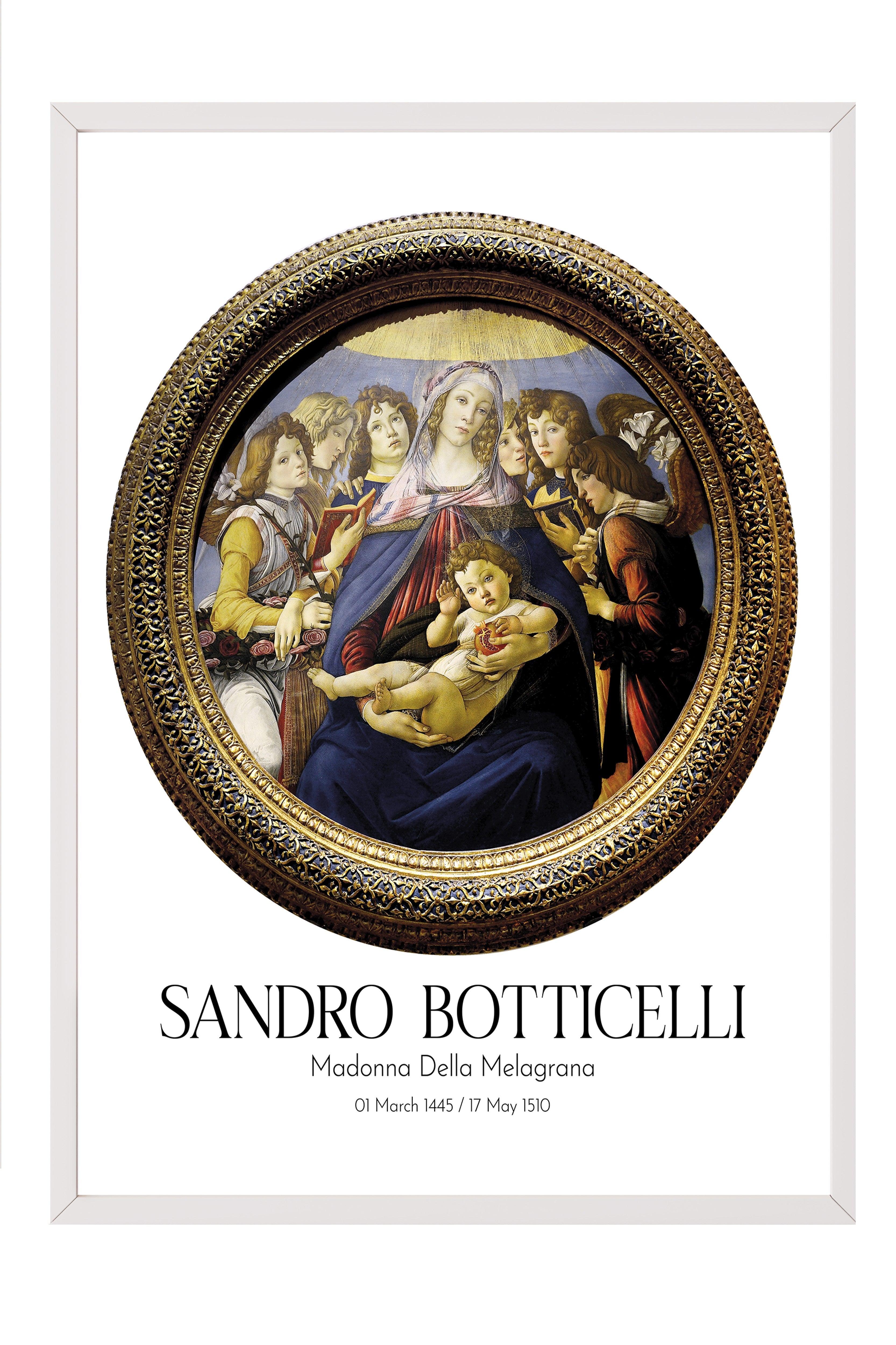 Sandro Botticelli - Madonna Della Melagrana, Beyaz Çerçeveli Tablo, Sanat Serisi NO:110749