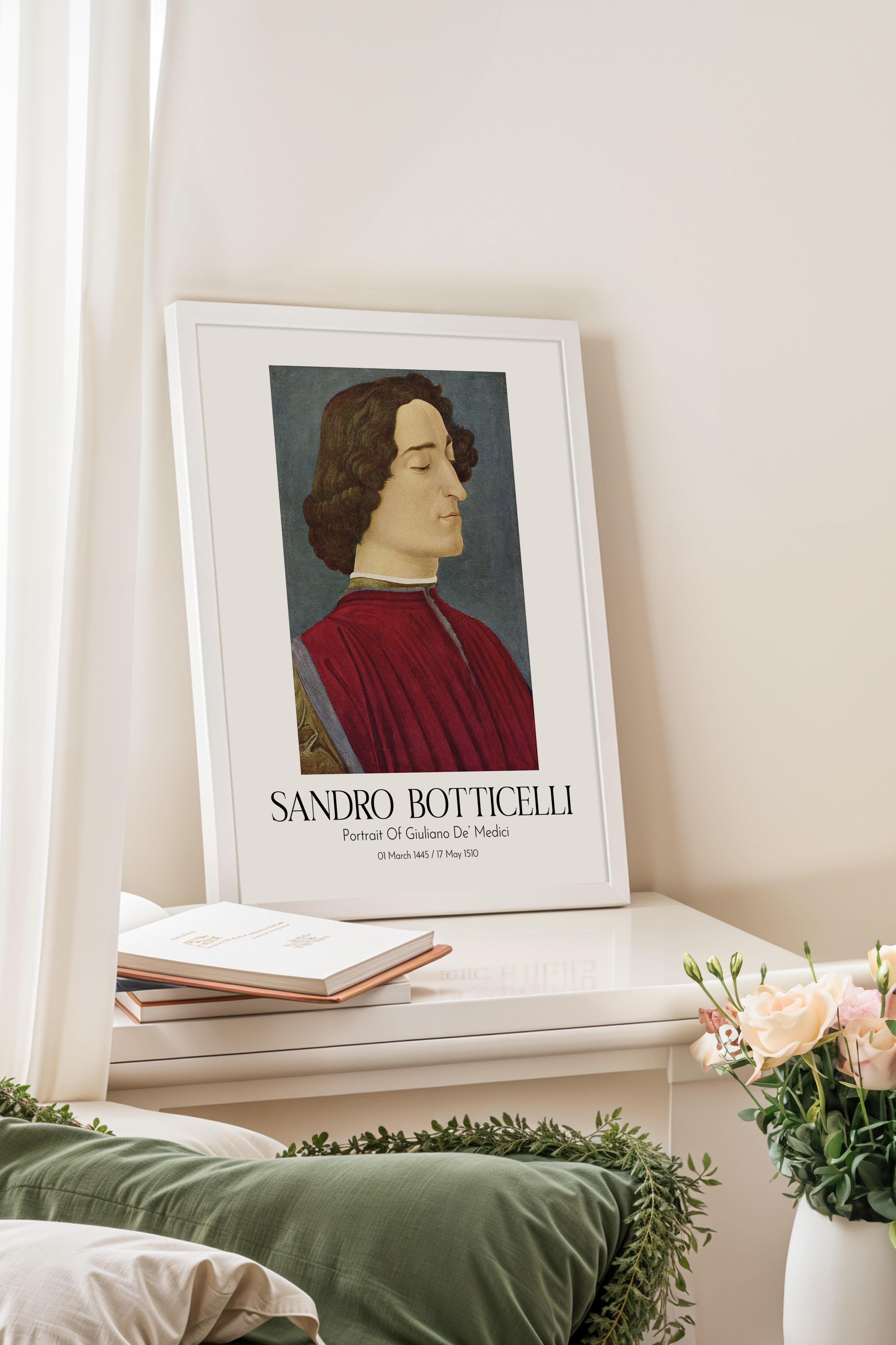 Sandro Botticelli - Portrait Of Giuliano De' Medici, Beyaz Çerçeveli Tablo, Sanat Serisi NO:110746