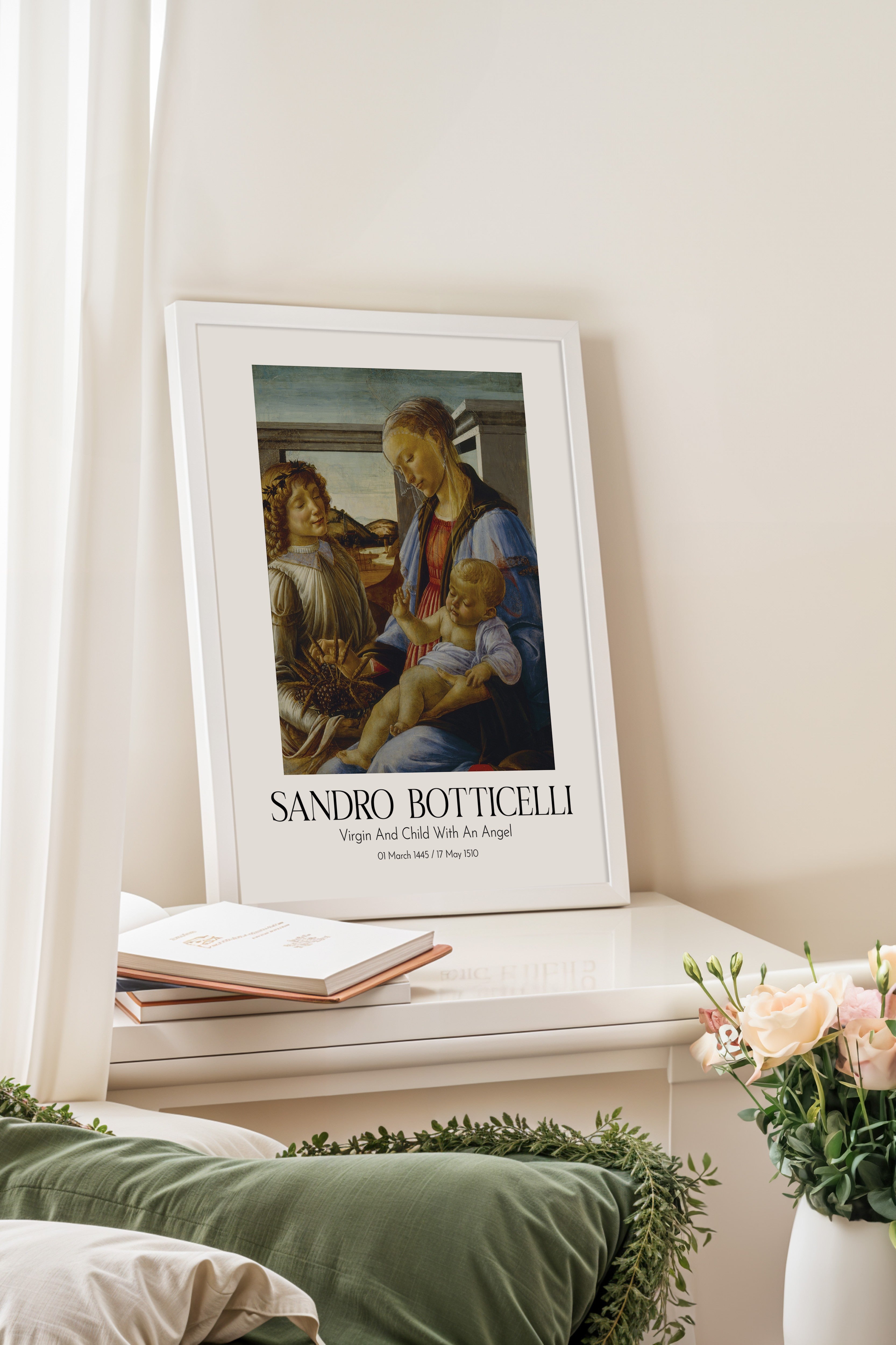Sandro Botticelli - Virgin And Child With An Angel, Beyaz Çerçeveli Tablo, Sanat Serisi NO:110761
