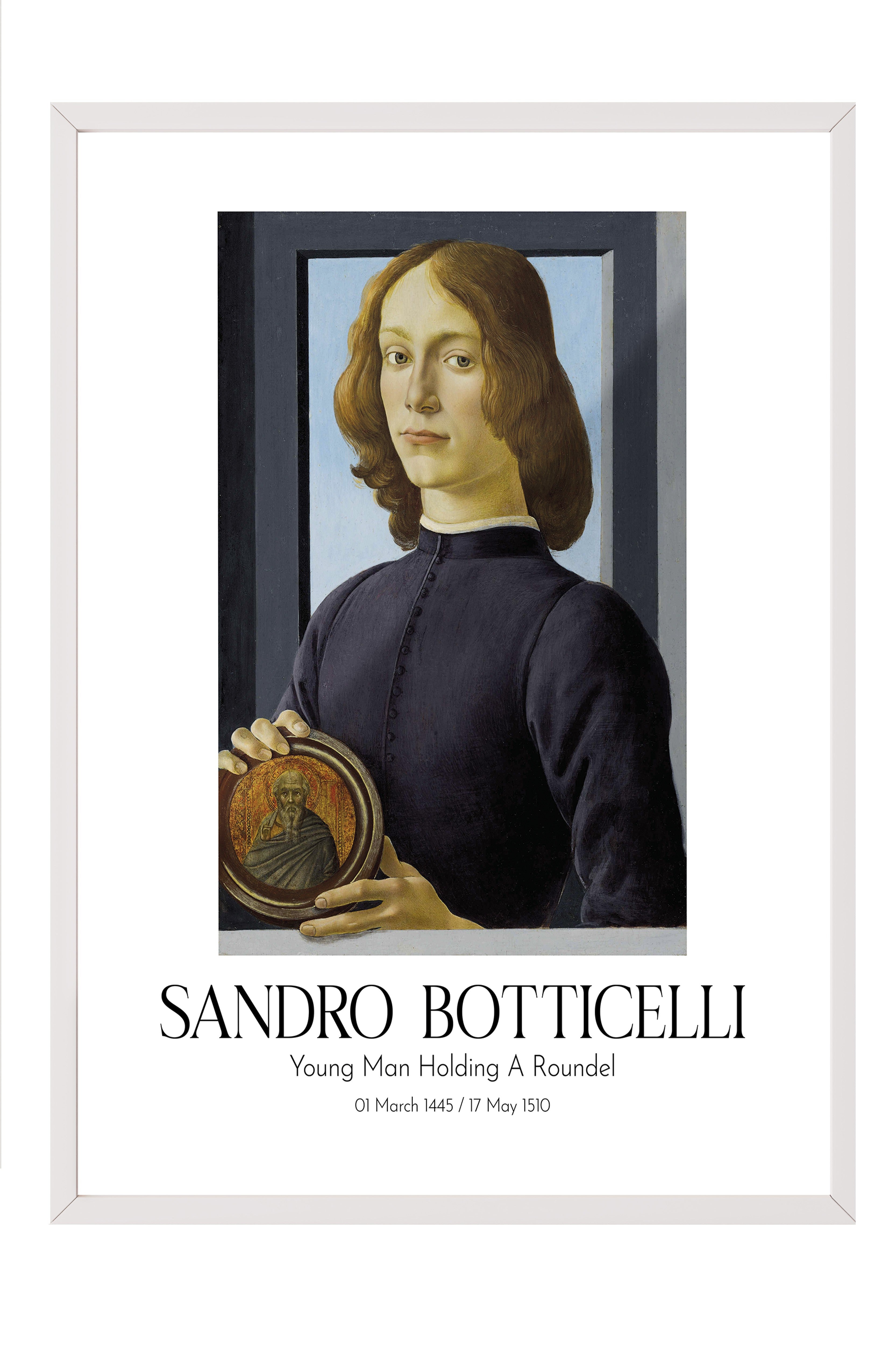 Sandro Botticelli - Young Man Holding A Roundel, Beyaz Çerçeveli Tablo, Sanat Serisi NO:110762