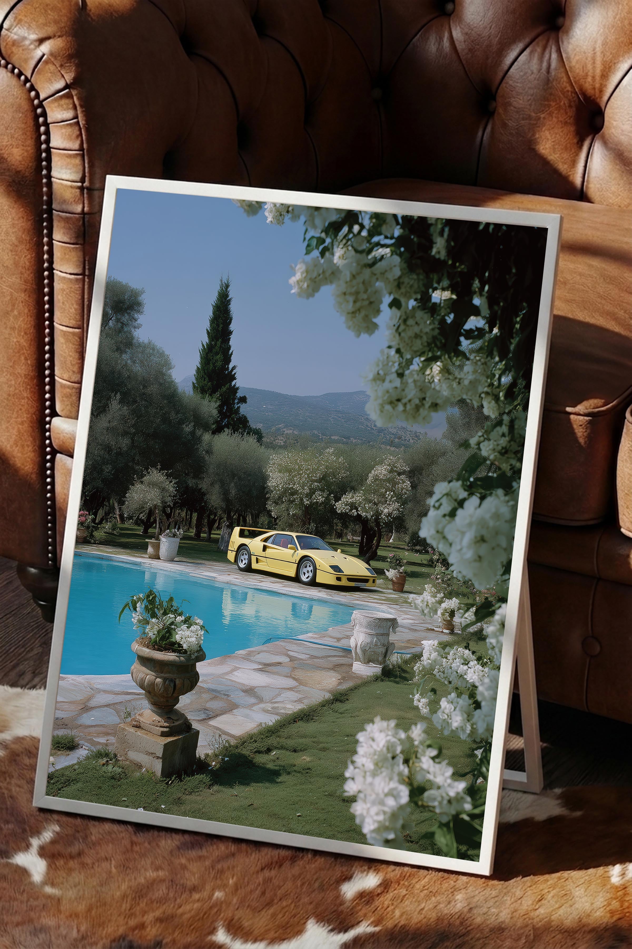 Sarı Araba ve Havuz Manzarası Posteri, Beyaz Çerçeveli Poster, Old Money Serisi, NO:113246