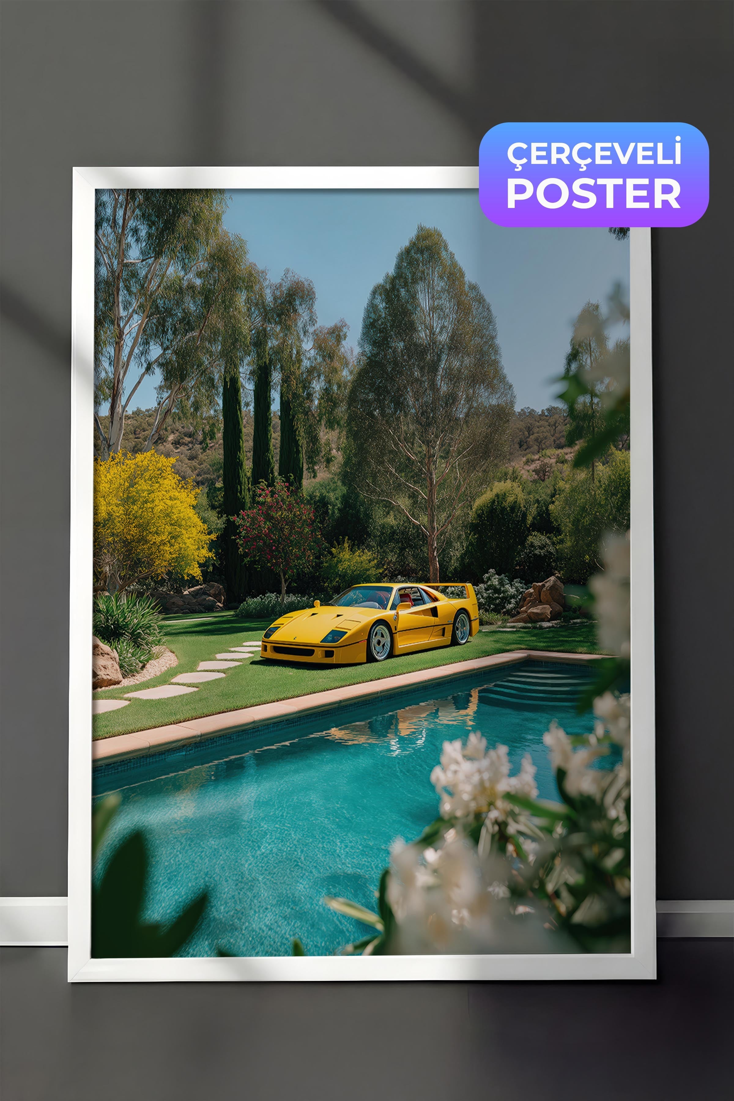 Sarı Araba ve Havuz Posteri, Beyaz Çerçeveli Poster, Old Money Serisi, NO:113237