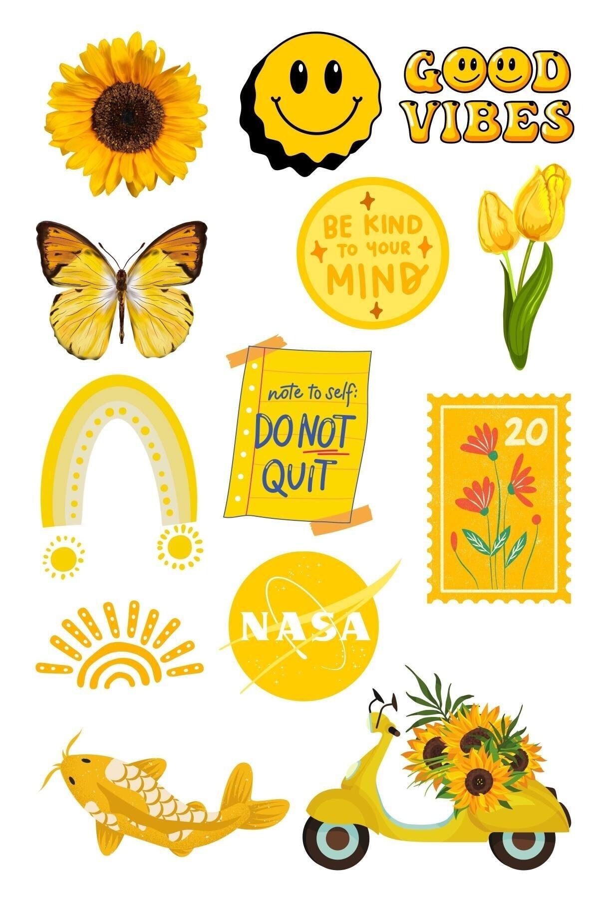 Sarı Temalı Sticker Seti - 13 Adet Etiket Seti- Telefon, Tablet, Defter Laptop Uyumlu Etiket