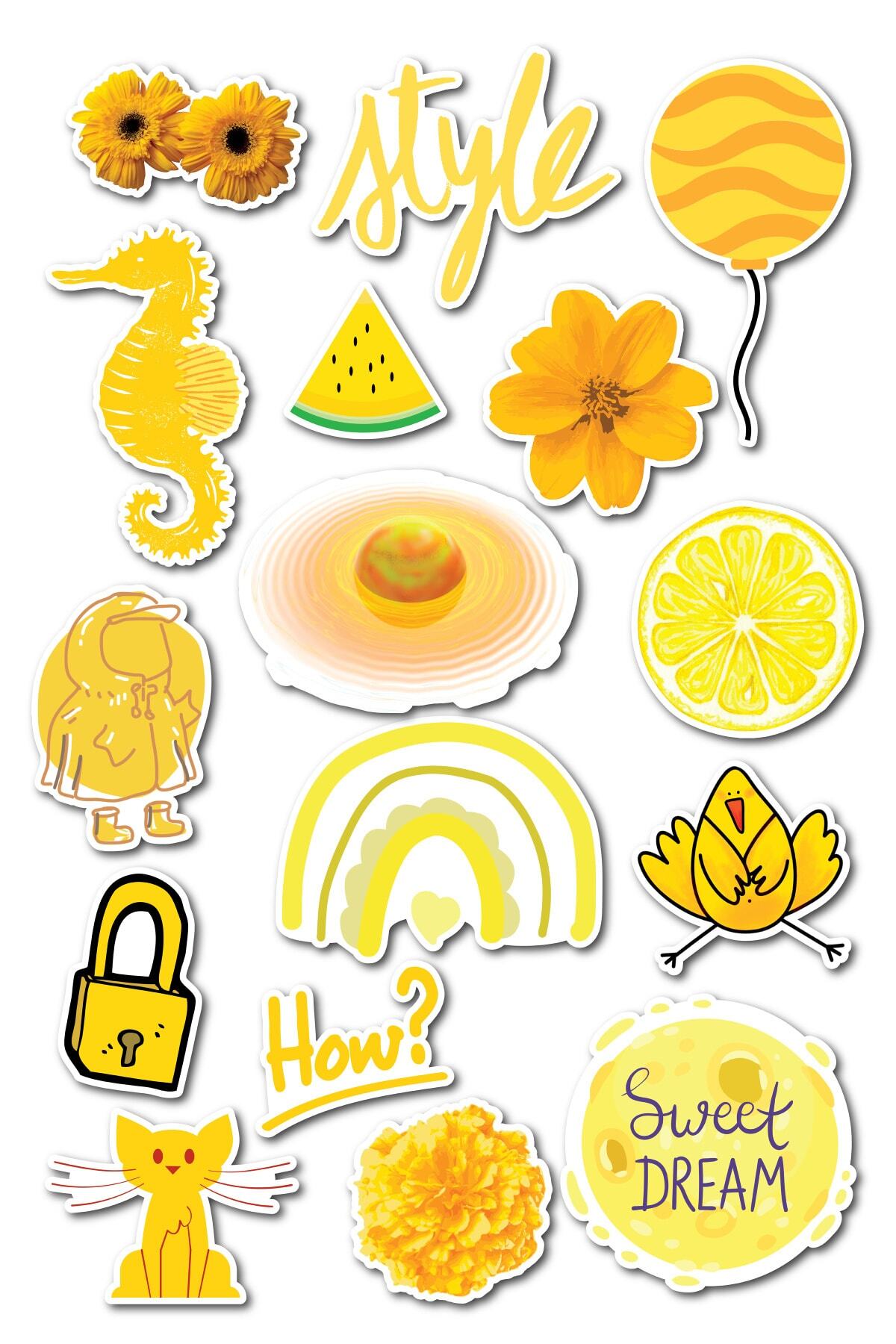 Sarı Temalı Sticker Seti - 16 Adet Etiket Seti- Telefon, Tablet, Defter Laptop Uyumlu Etiket