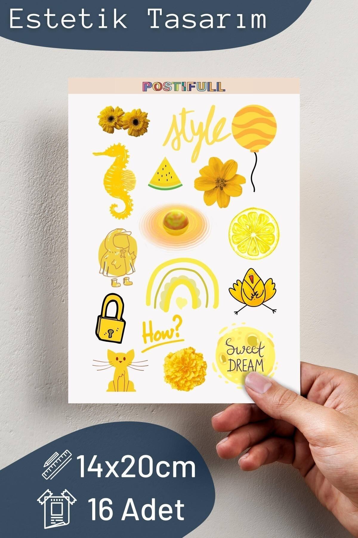 Sarı Temalı Sticker Seti - 16 Adet Etiket Seti- Telefon, Tablet, Defter Laptop Uyumlu Etiket