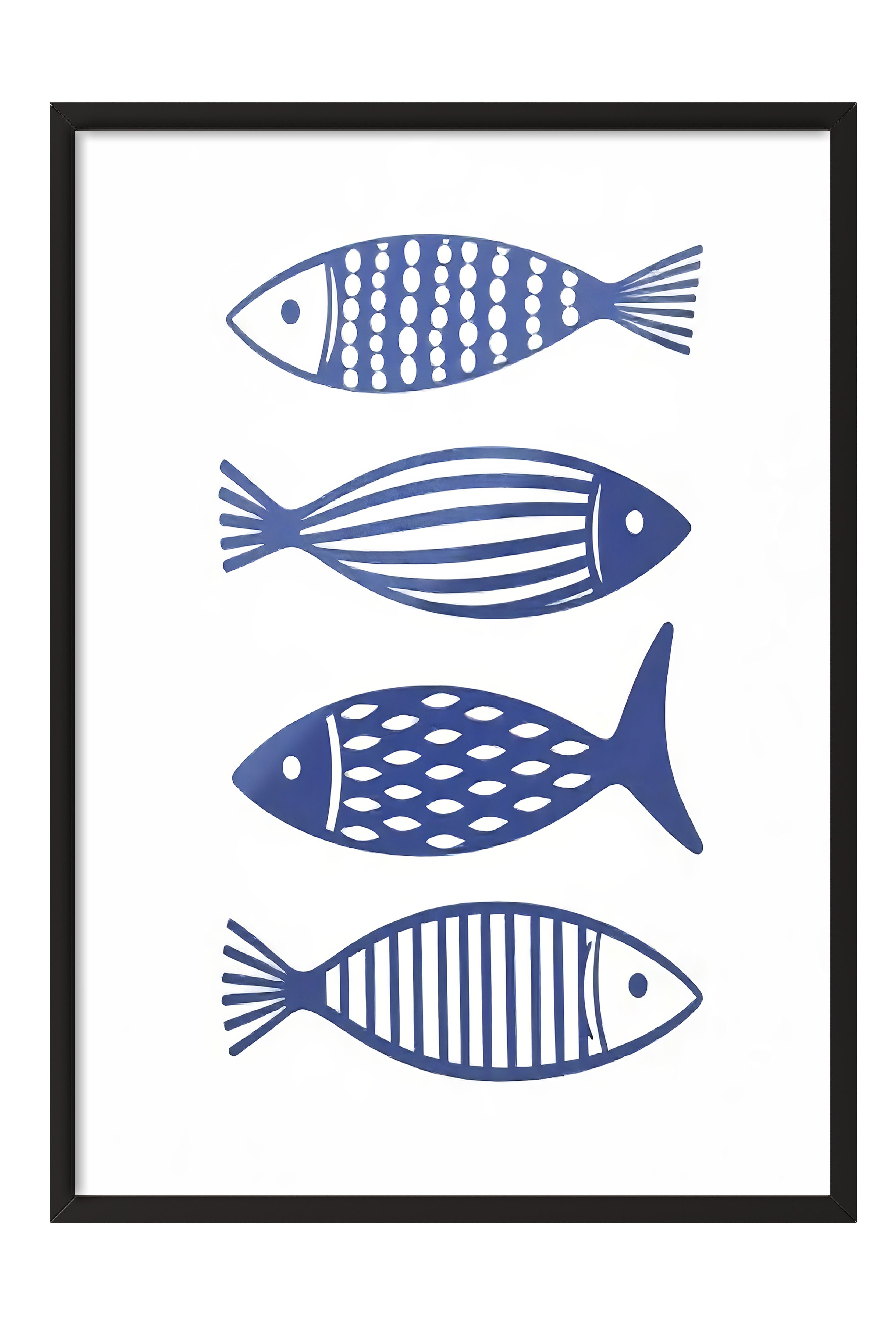 Siyah Çerçeveli Poster, Deniz Balıkları, İllüstrasyon, Mavi Renk Poster, 2025 Yaz Seçkisi, NO:109562