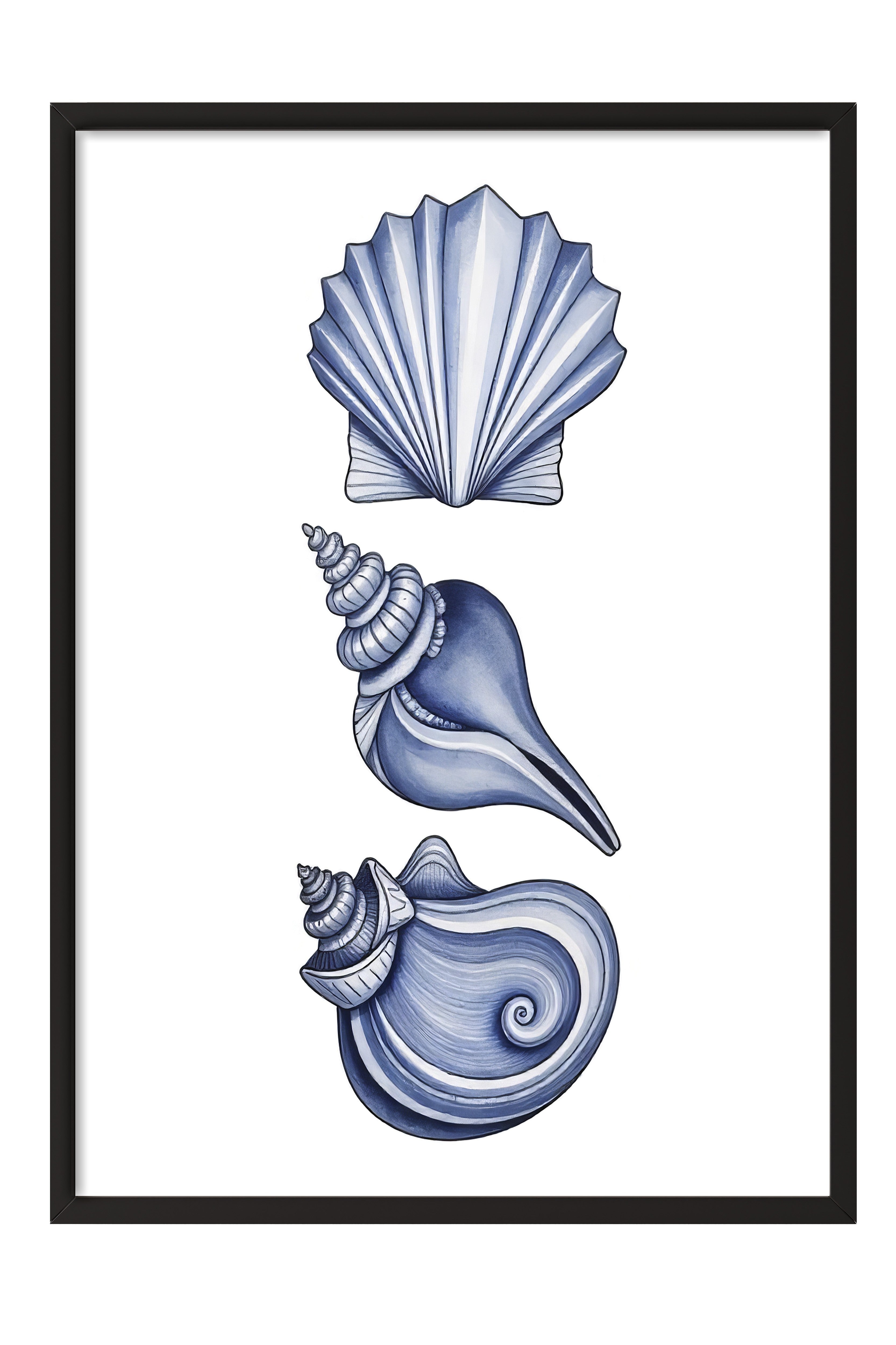 Siyah Çerçeveli Poster, Deniz Kabuğu, İllüstrasyon, Mavi Renk Poster, 2025 Yaz Seçkisi, NO:109546