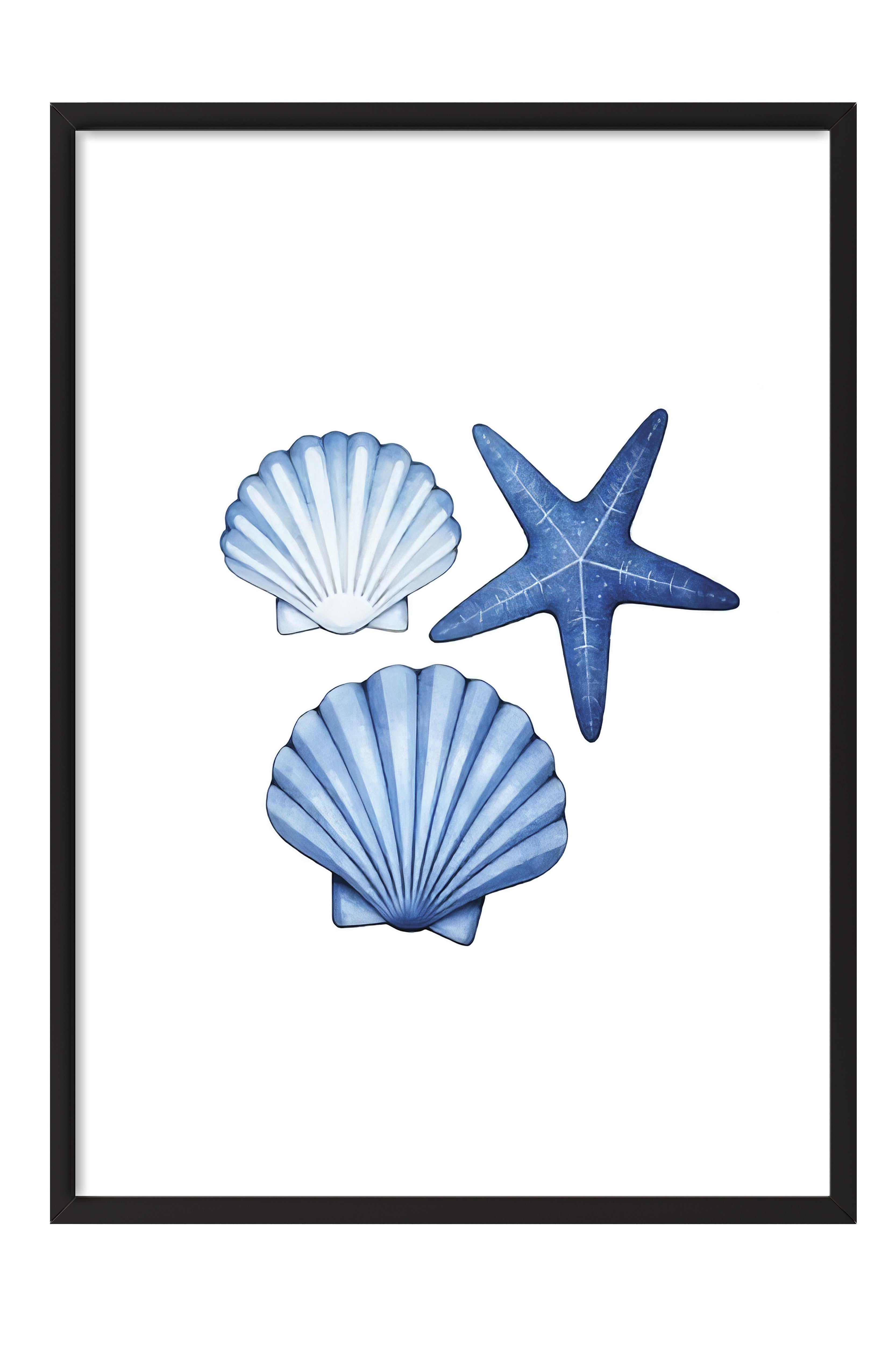 Siyah Çerçeveli Poster, Deniz Kabuğu, İllüstrasyon, Mavi Renk Poster, 2025 Yaz Seçkisi, NO:109601