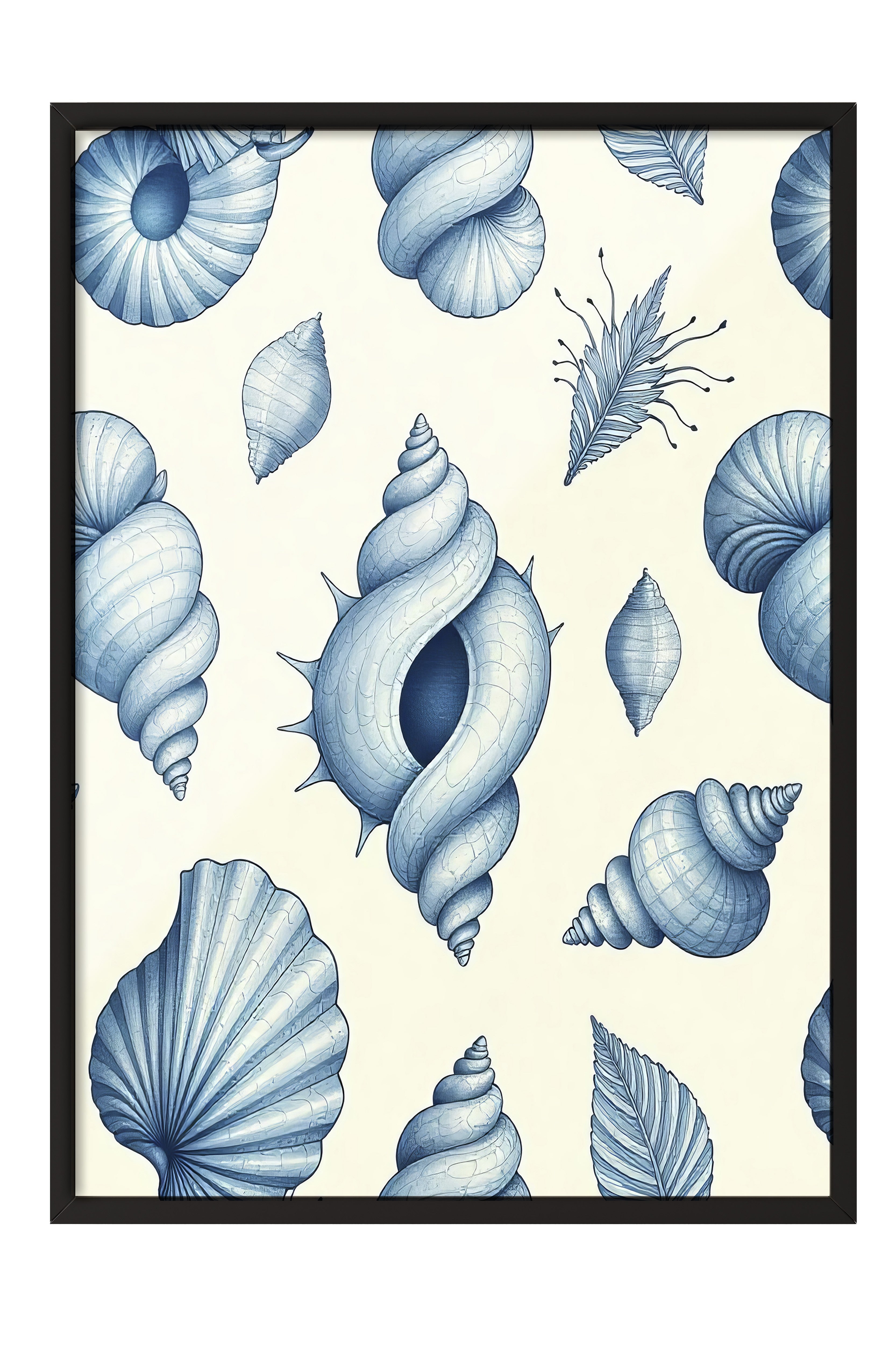Siyah Çerçeveli Poster, Deniz Kabukları, İllüstrasyon, Mavi Renk Poster, 2025 Yaz Seçkisi, NO:109686