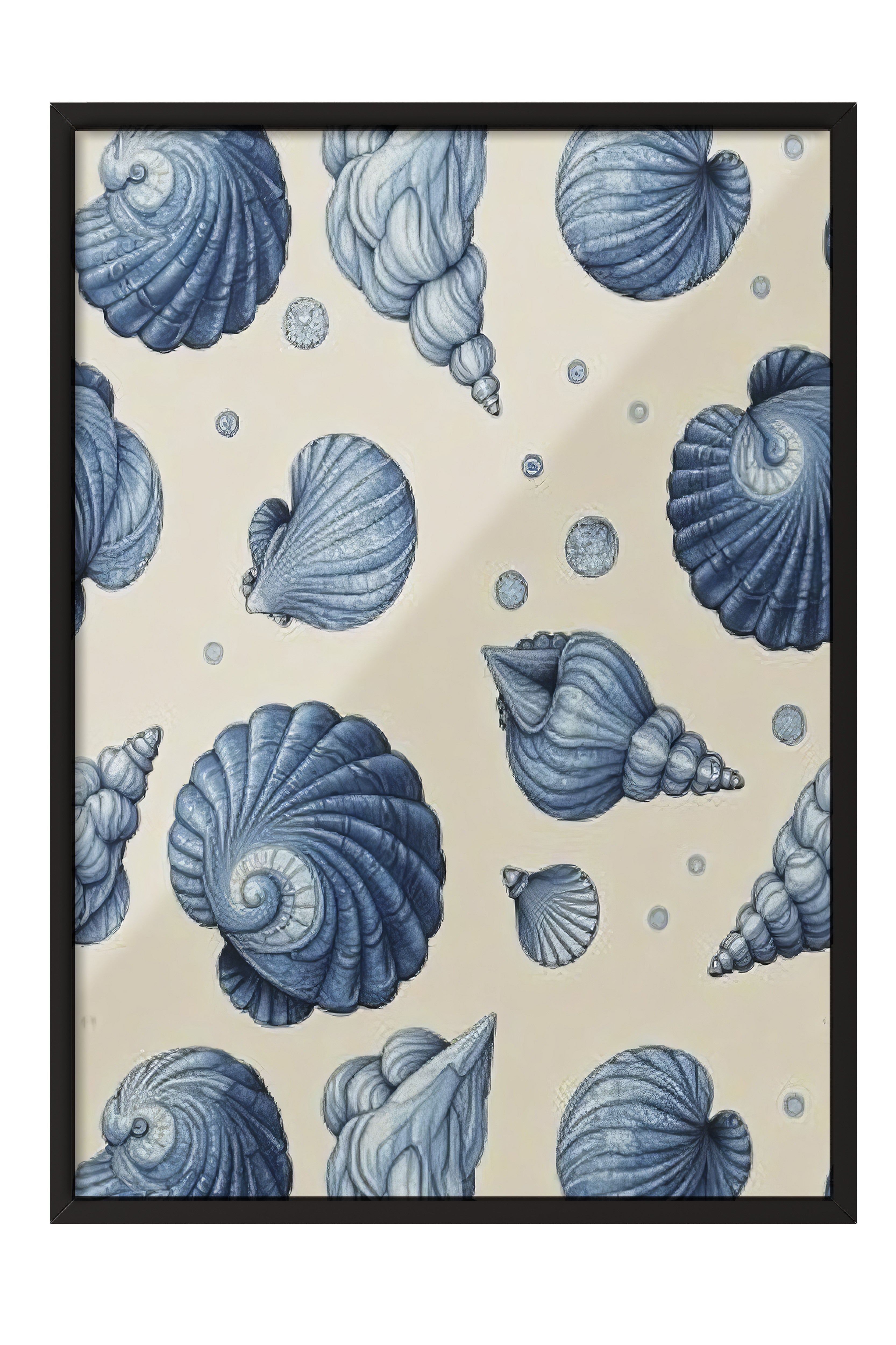 Siyah Çerçeveli Poster, Deniz Kabukları, İllüstrasyon, Mavi Renk Poster, 2025 Yaz Seçkisi, NO:109692