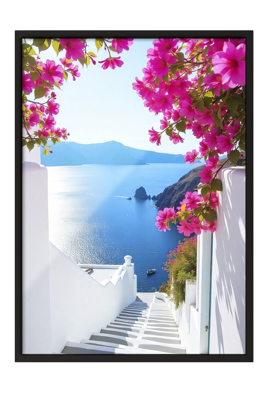 Deniz Manzarası ve Çiçekler Poster Poster – Siyah Çerçeveli Tablo