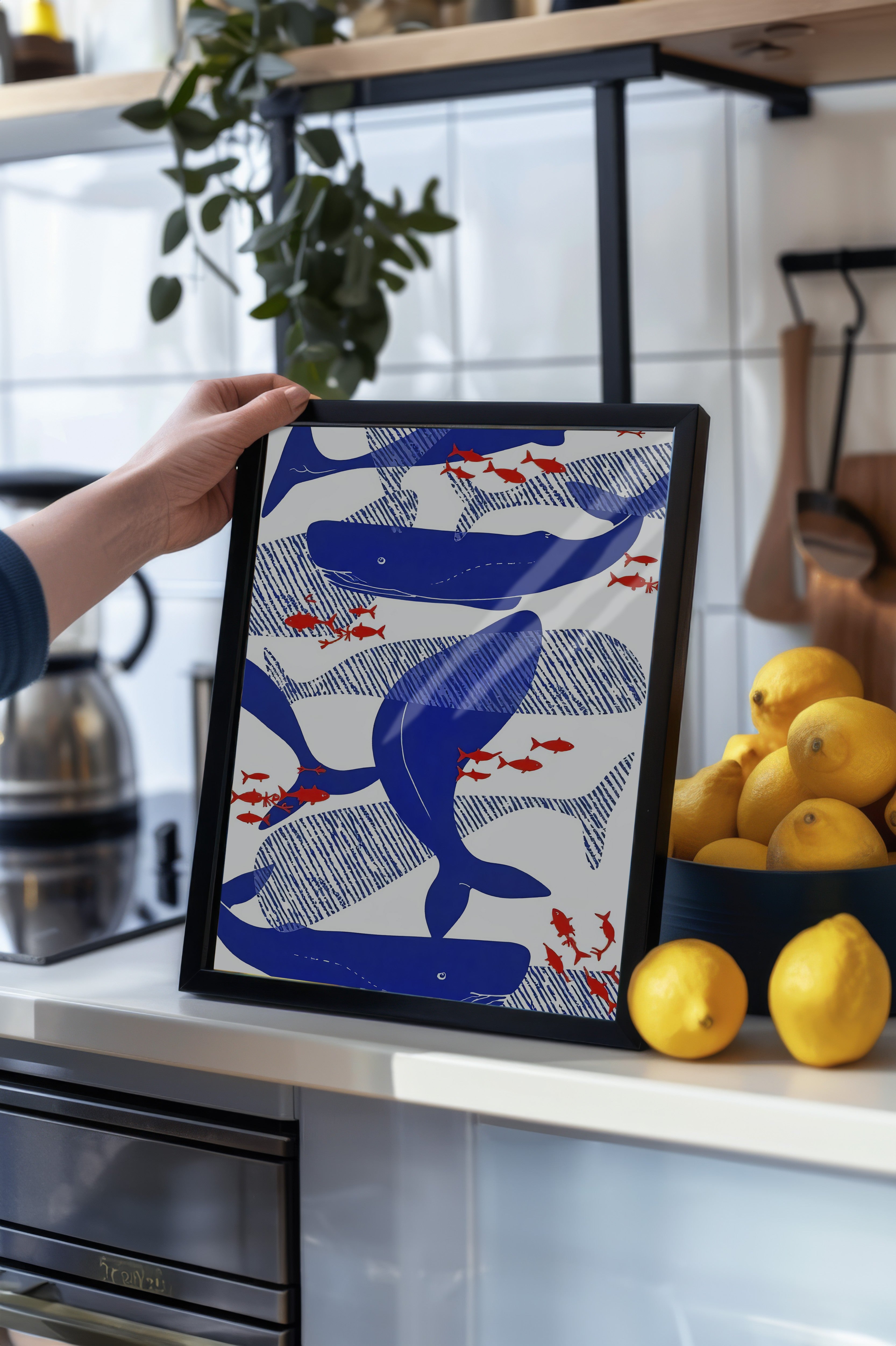 Siyah Çerçeveli Poster, Mavi Balinalar, İllüstrasyon, Mavi Renk Poster, 2025 Yaz Seçkisi, NO:109526