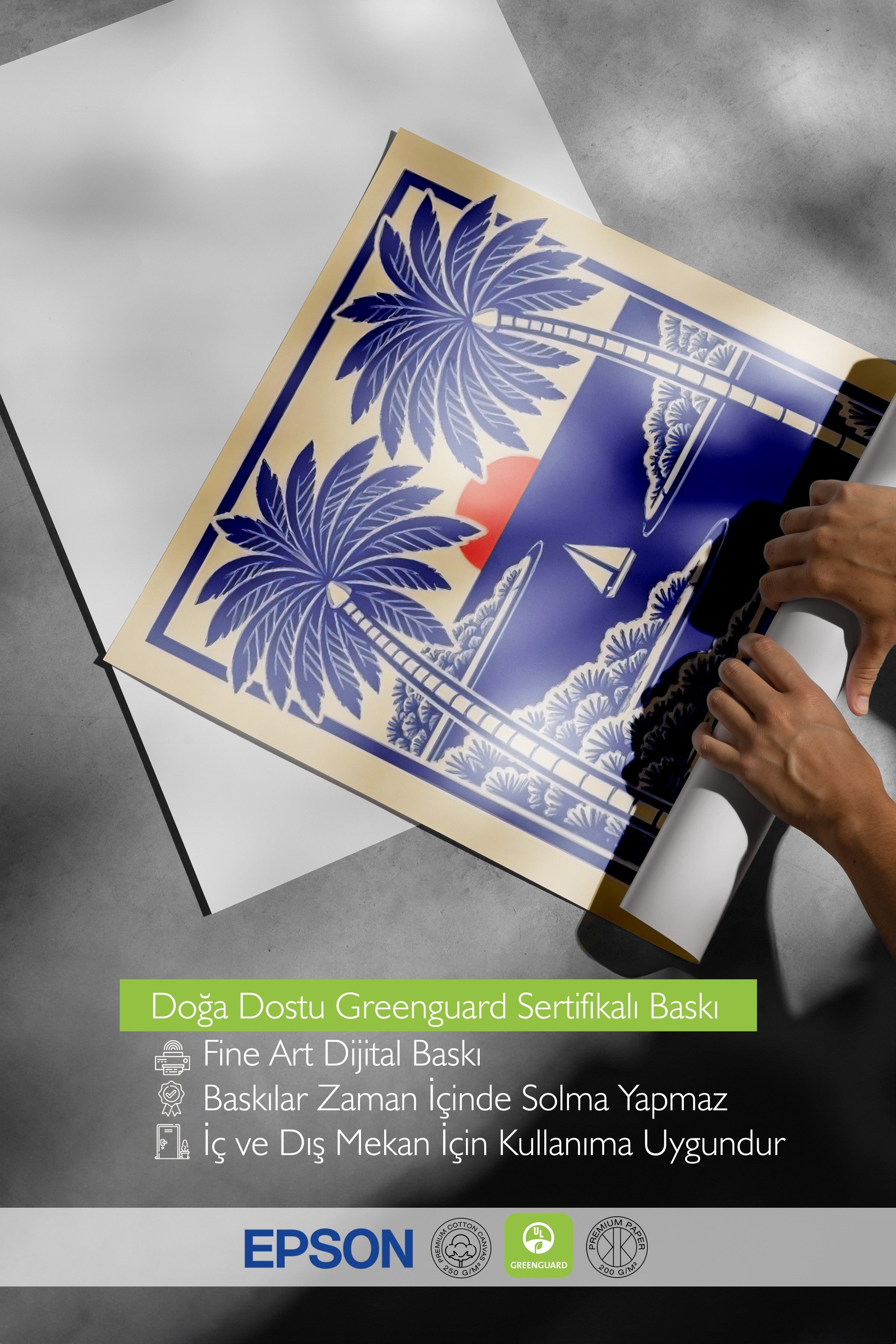 Siyah Çerçeveli Poster, Palmiye Ağaçları ve Gün Batımı, İllüstrasyon, Mavi Renk Poster, 2025 Yaz Seçkisi, NO:109525
