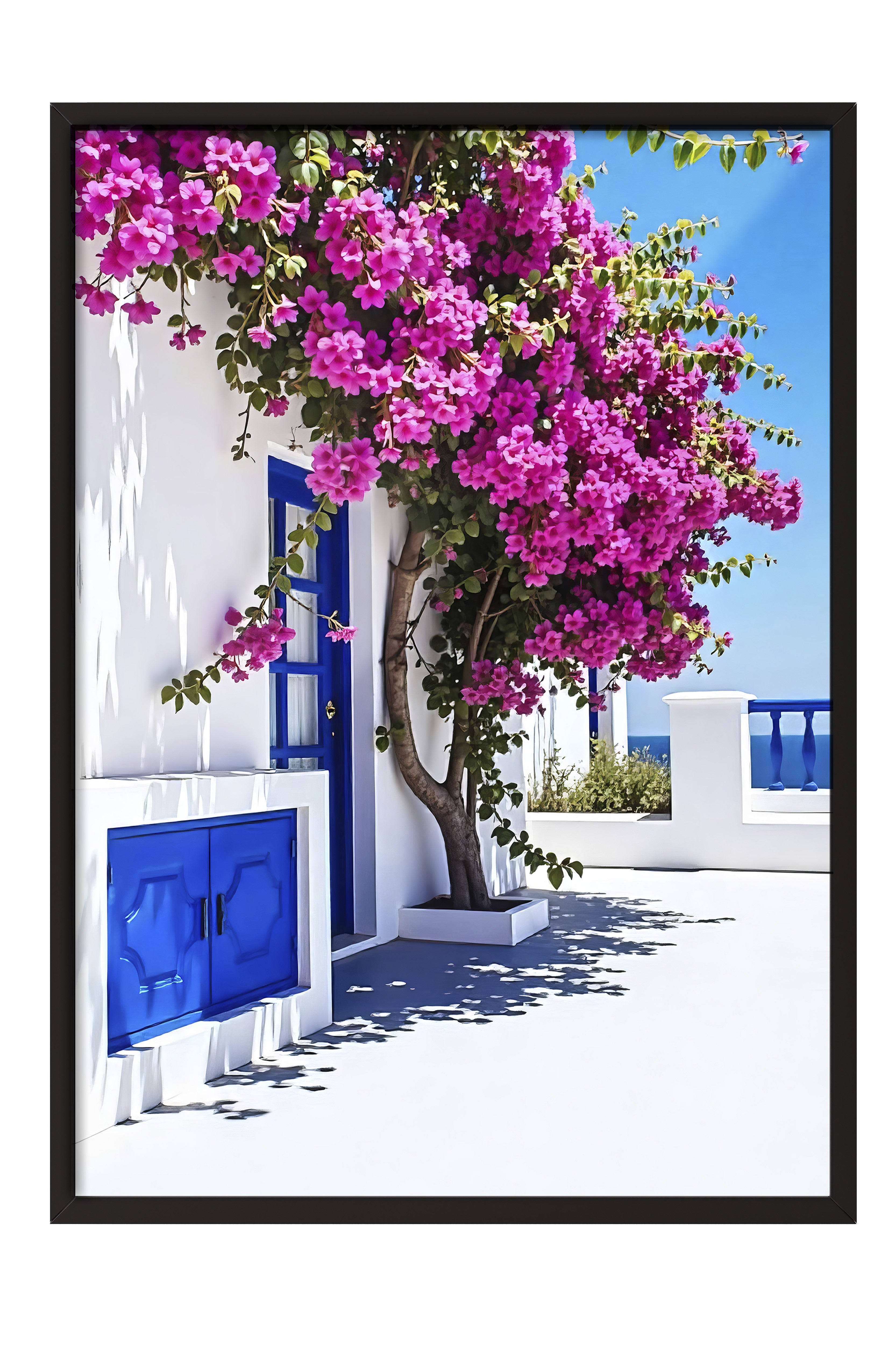 Siyah Çerçeveli Poster, Pembe Çiçekler ve Ev, Fotoğraf, Mavi Renk Poster, 2025 Yaz Seçkisi, NO:109530