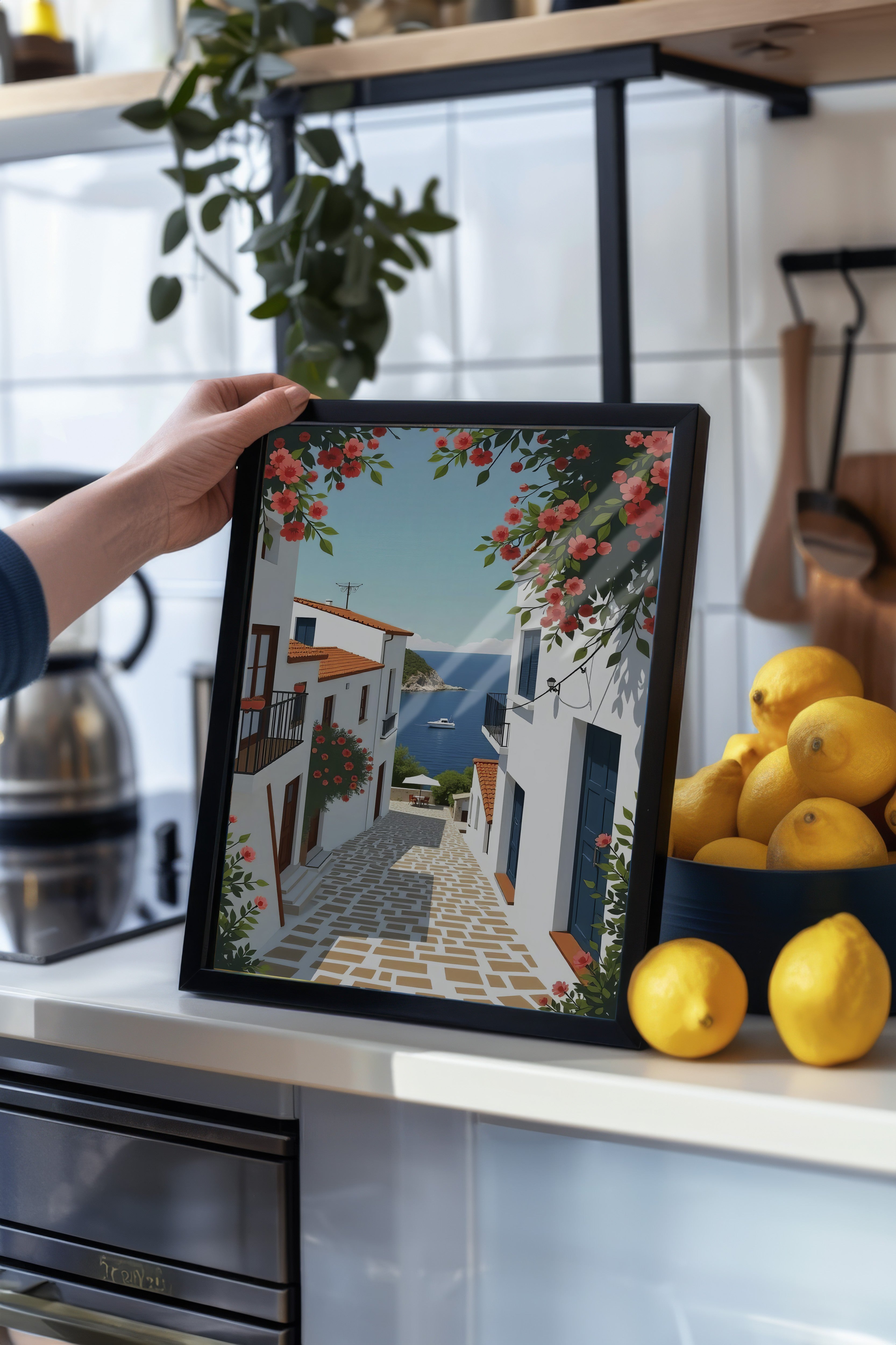 Siyah Çerçeveli Poster Tablo, Denize Giden Yol, Fotoğraf, Mavi Renk Poster, 2025 Yaz Seçkisi, NO:109501