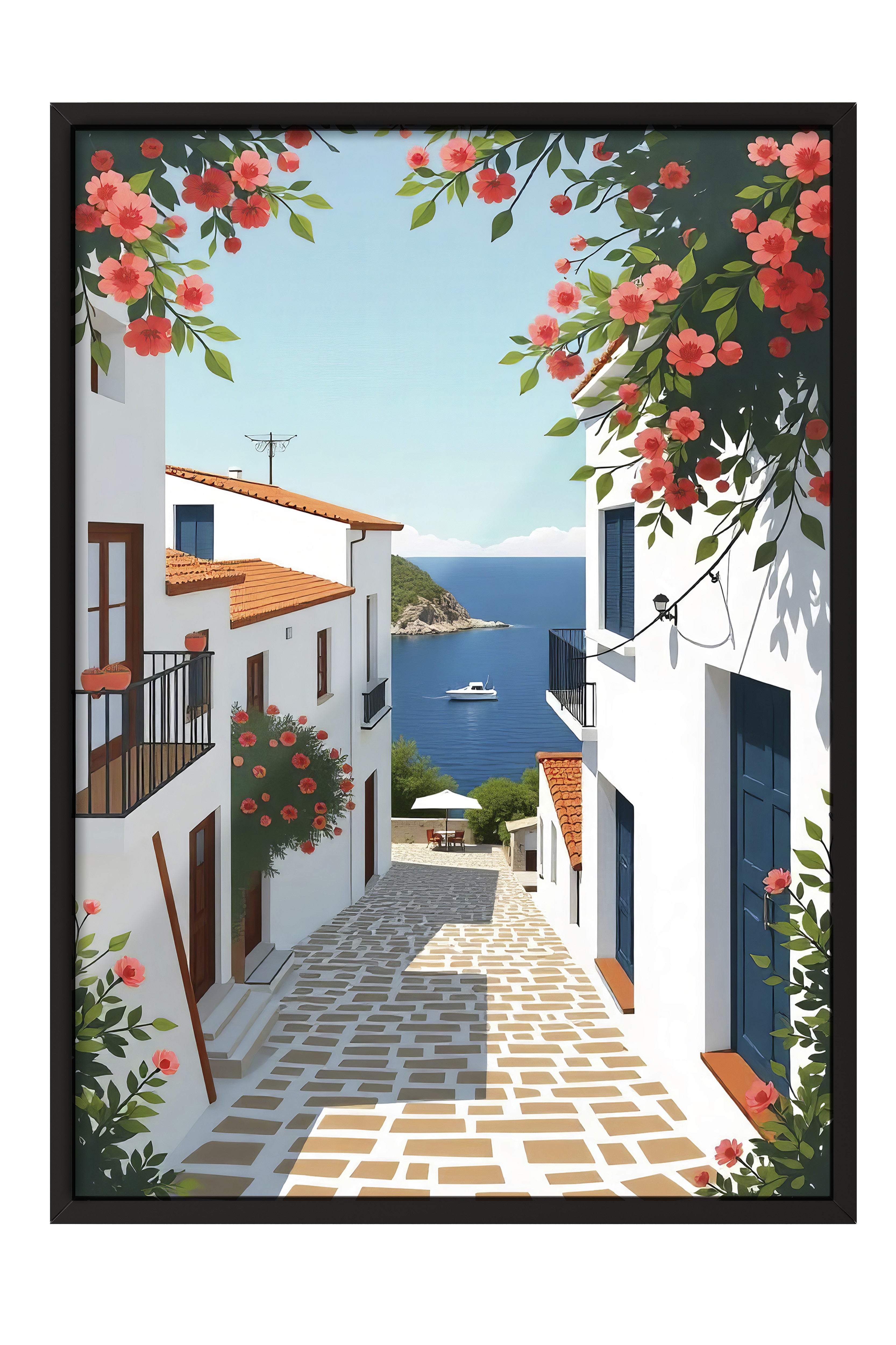 Siyah Çerçeveli Poster Tablo, Denize Giden Yol, Fotoğraf, Mavi Renk Poster, 2025 Yaz Seçkisi, NO:109501