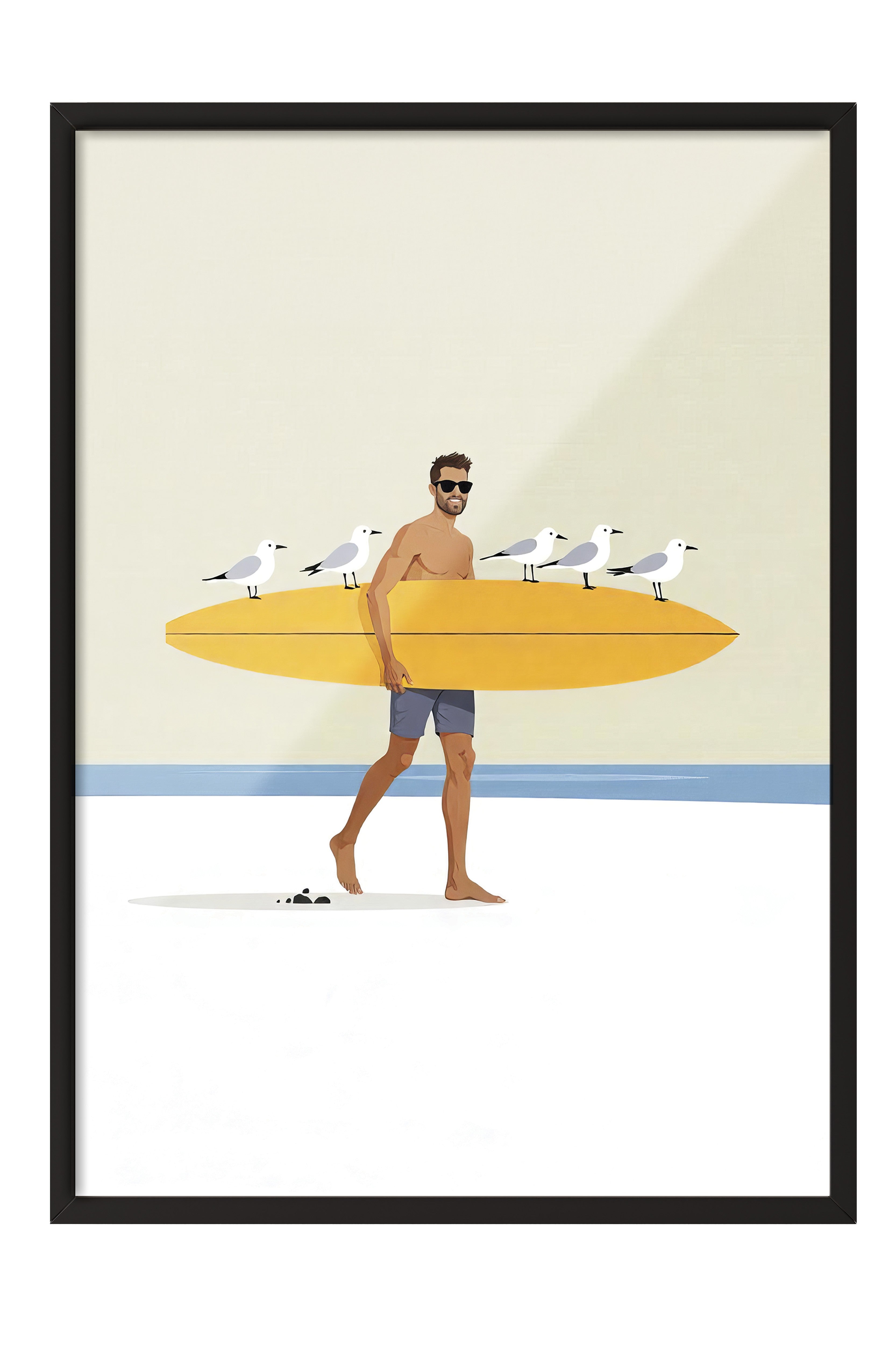 Siyah Çerçeveli Poster Tablo, Kuşlar ve Sörfçü, İllüstrasyon, Sarı Renk Poster, 2025 Yaz Seçkisi, NO:109518