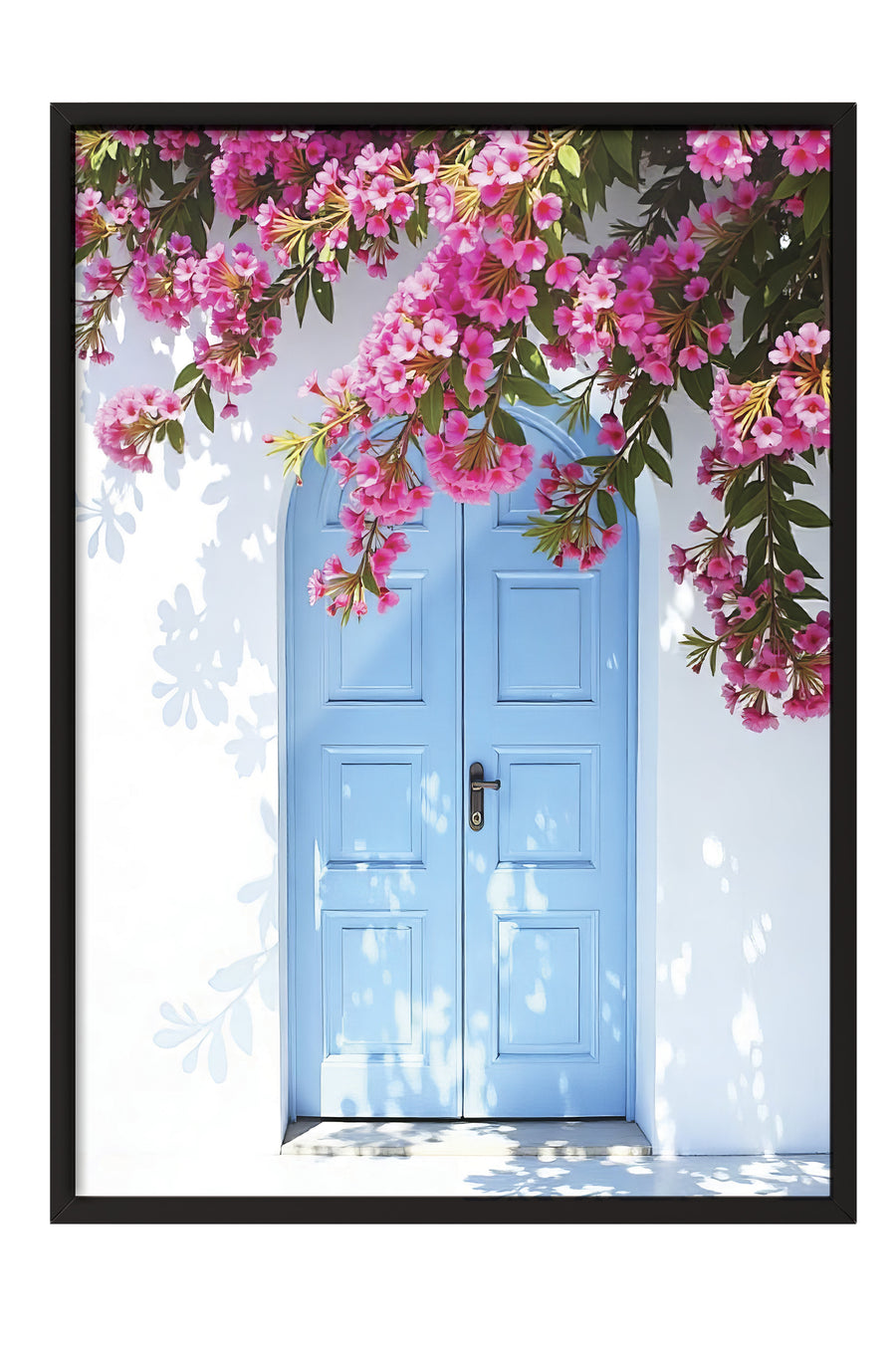 Mavi Kapı ve Çiçekler Poster Poster – Siyah Çerçeveli Tablo