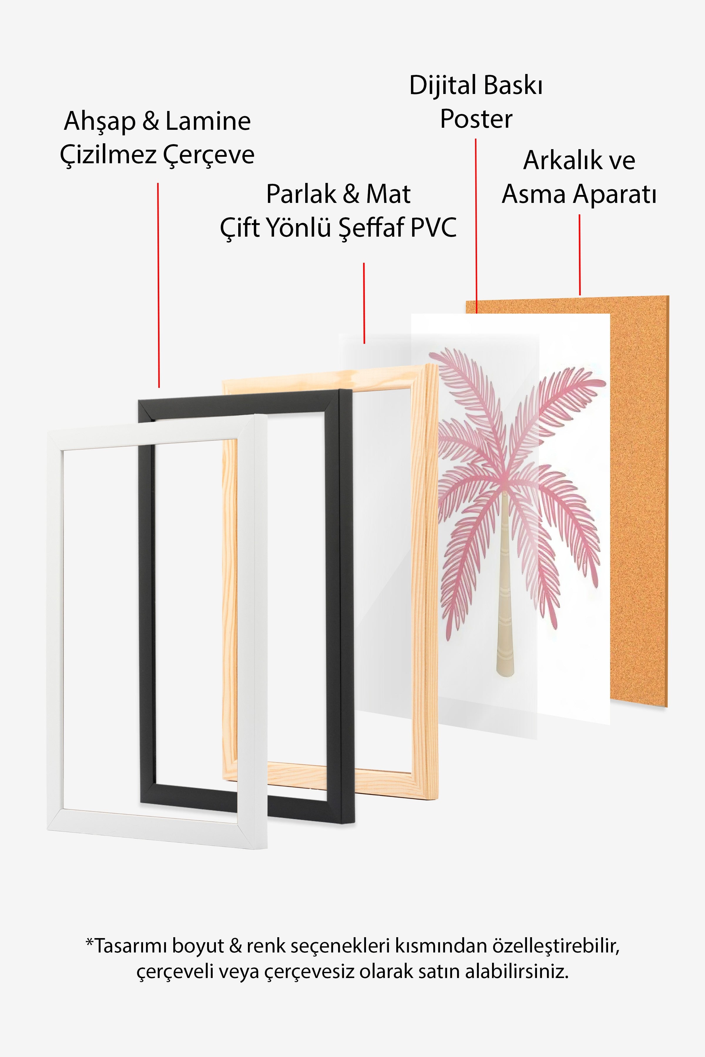 Siyah Çerçeveli Poster Tablo, Pembe Palmiye Ağacı, İllüstrasyon, Pembe Renk Poster, 2025 Yaz Seçkisi, NO:109507