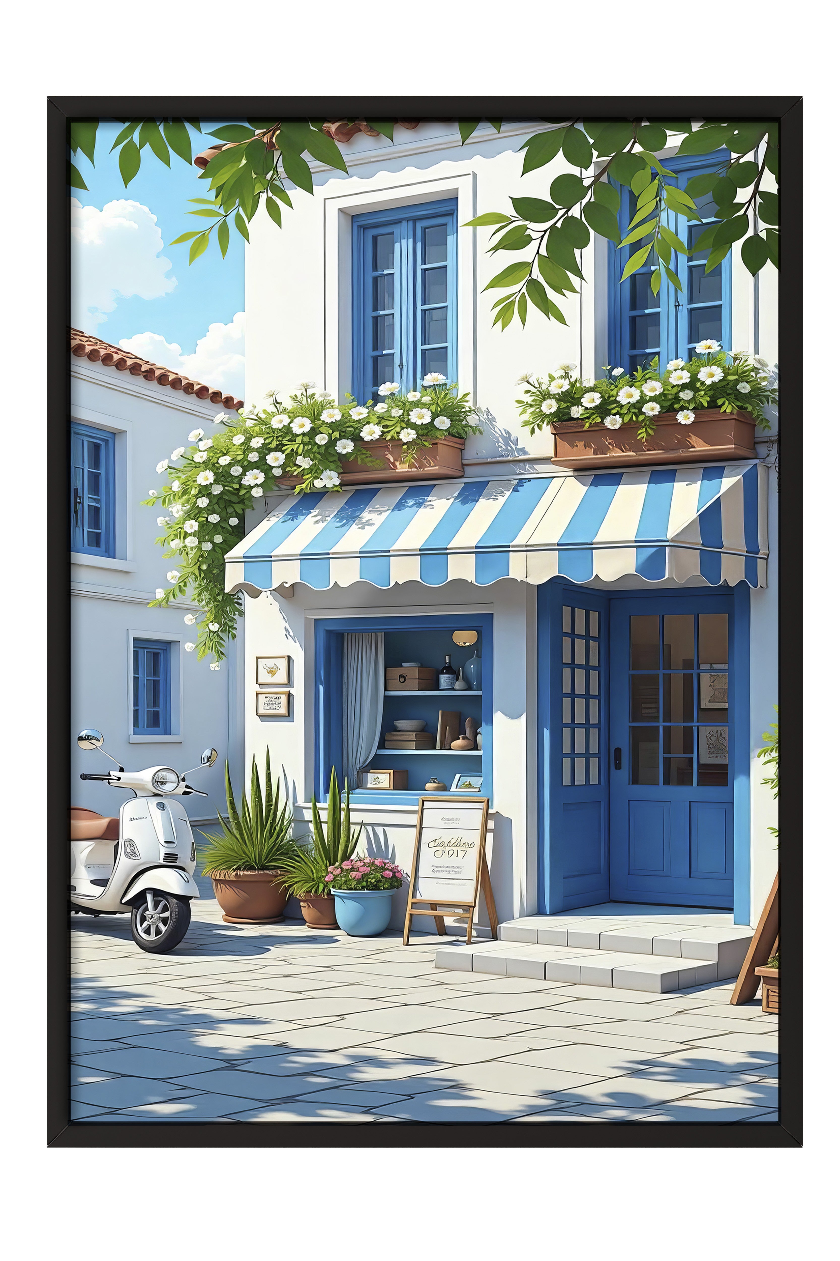 Siyah Çerçeveli Poster Tablo, Samimi Kafe, İllüstrasyon, Mavi Renk Poster, 2025 Yaz Seçkisi, NO:109500