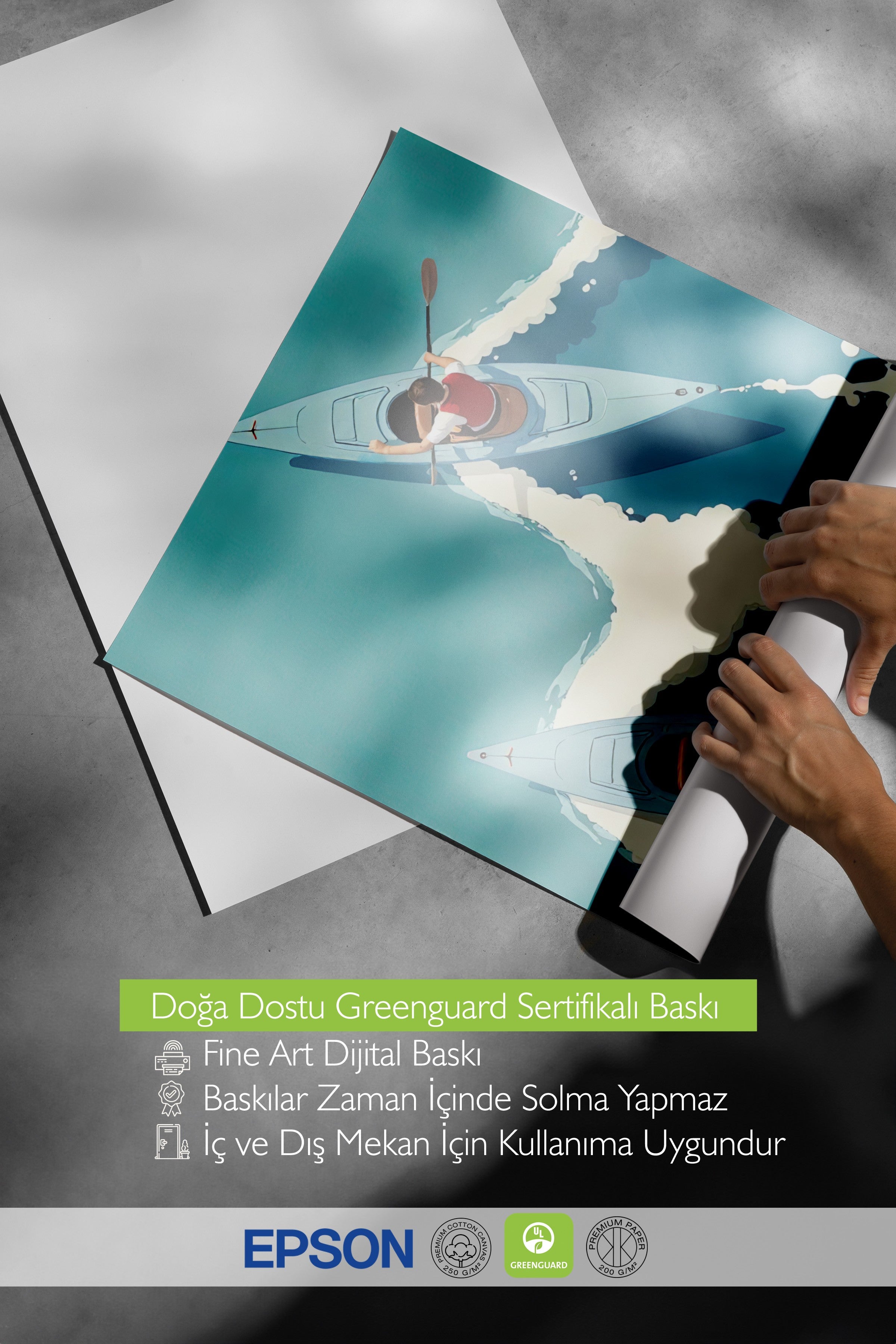 Siyah Çerçeveli Poster, Teknedeki Adamlar, İllüstrasyon, Mavi Renk Poster, 2025 Yaz Seçkisi, NO:109638