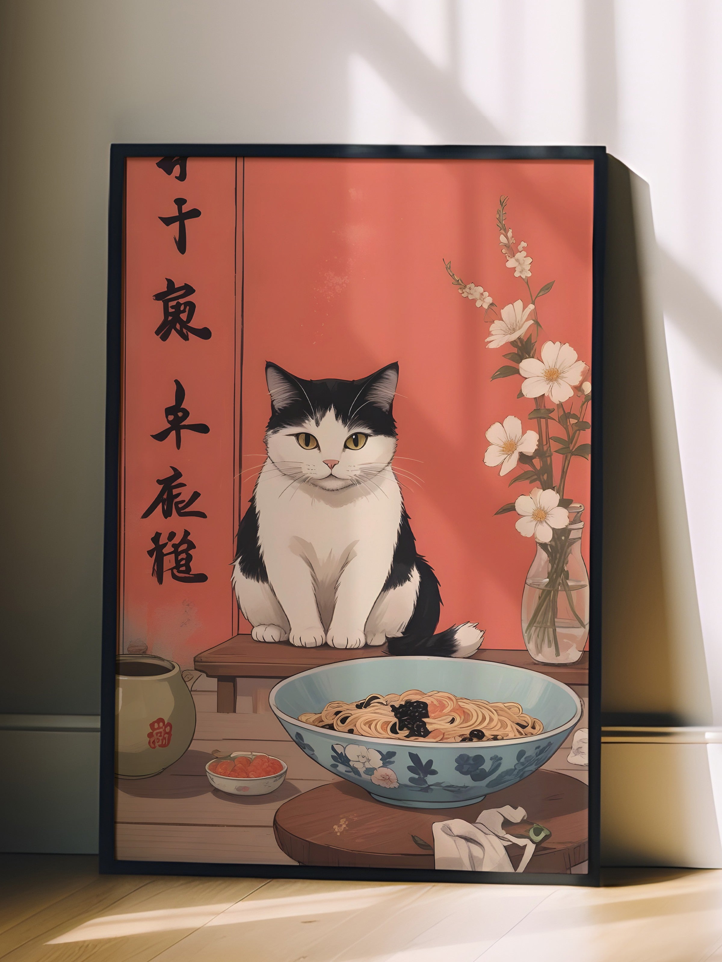 Siyah Çerçeveli Tablo, A Cat For A Ramen, Comfort Serisi Mutfak Duvar Tablosu, NO:109161