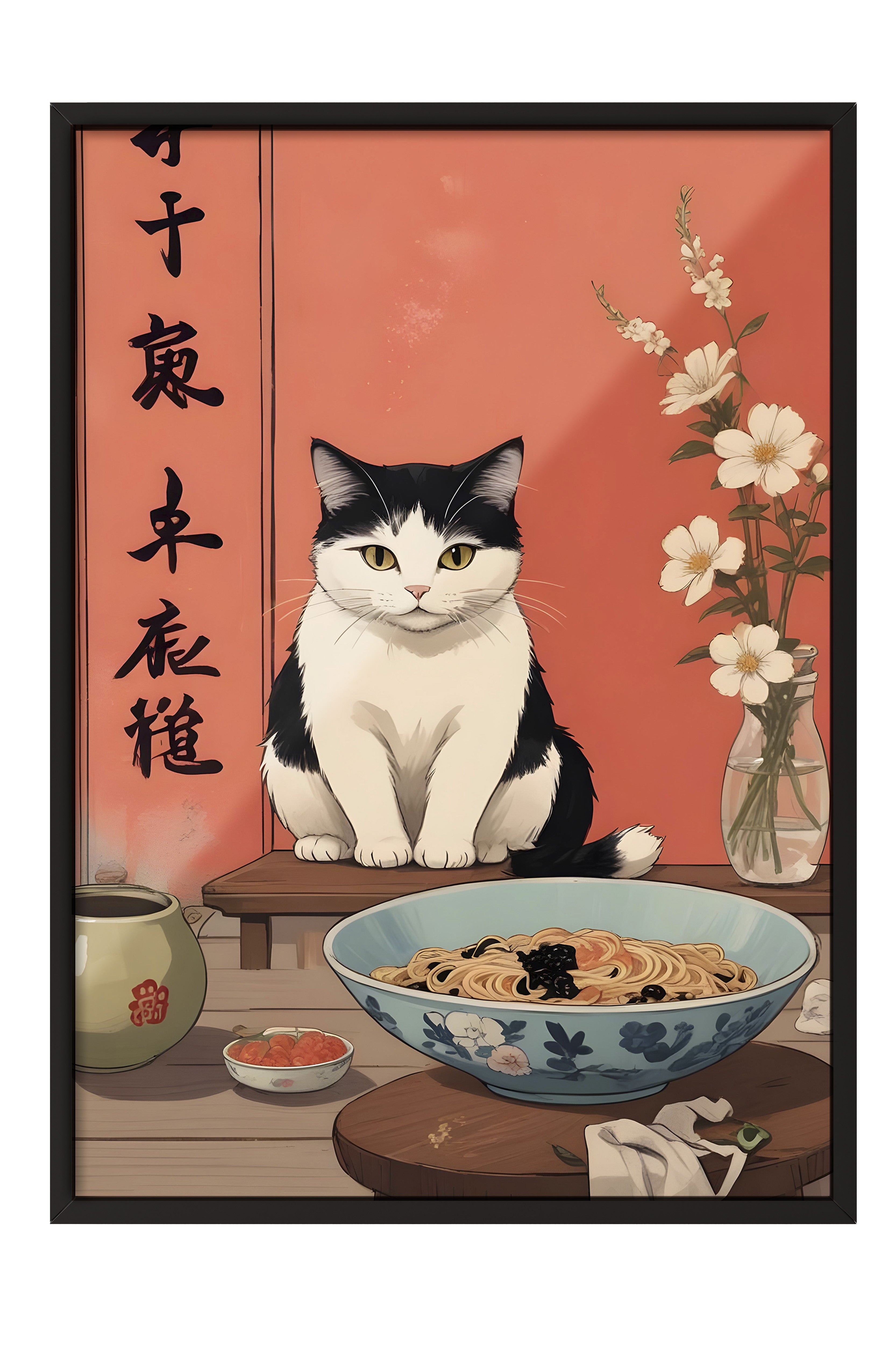Siyah Çerçeveli Tablo, A Cat For A Ramen, Comfort Serisi Mutfak Duvar Tablosu, NO:109161