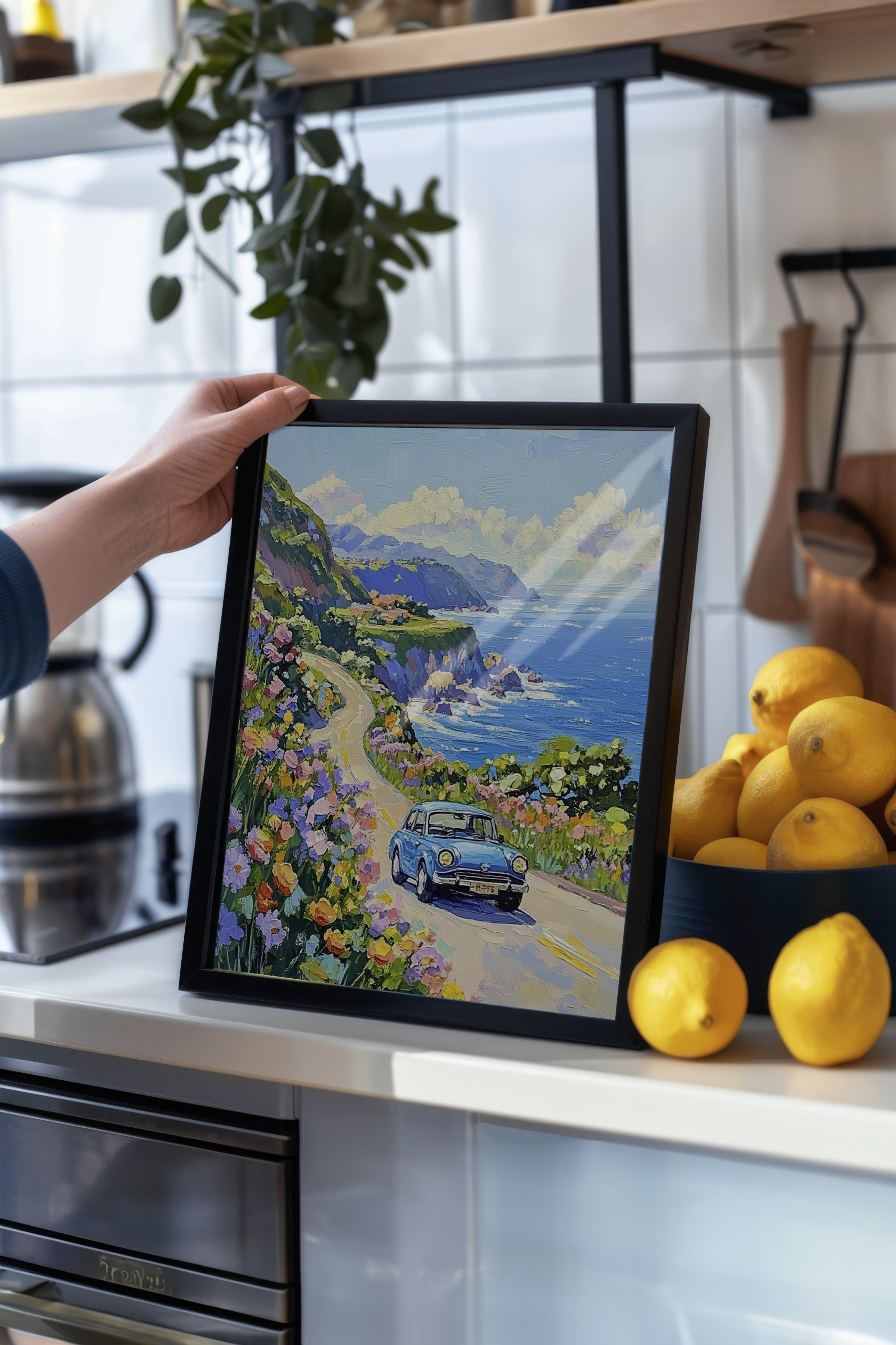 Siyah Çerçeveli Tablo, Araba, Çiçek, Yol, İzlenimci, Mavi, Pastel Tonlar Renk Poster, 2025 Yaz Seçkisi, NO:109812