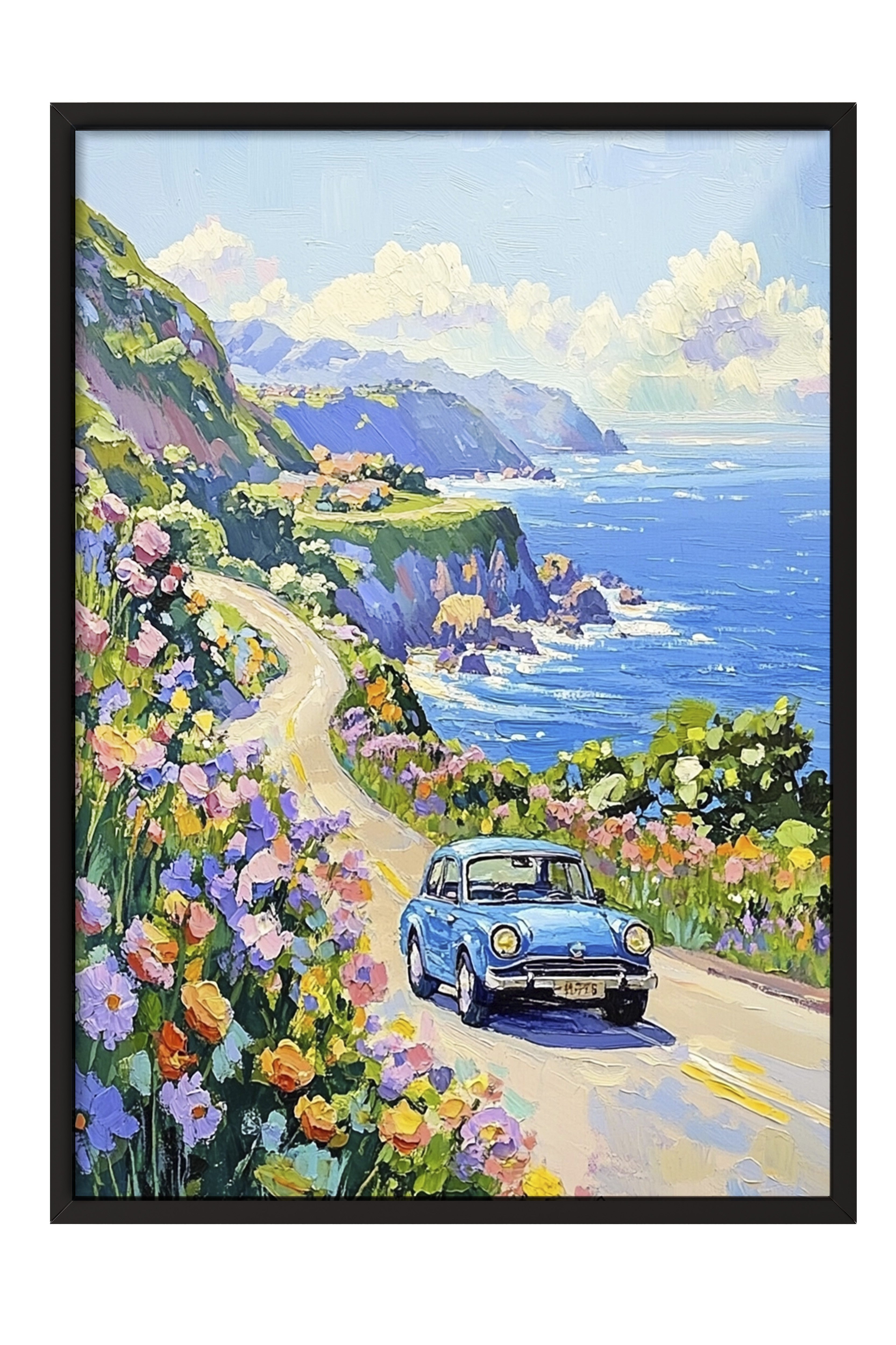 Siyah Çerçeveli Tablo, Araba, Çiçek, Yol, İzlenimci, Mavi, Pastel Tonlar Renk Poster, 2025 Yaz Seçkisi, NO:109812
