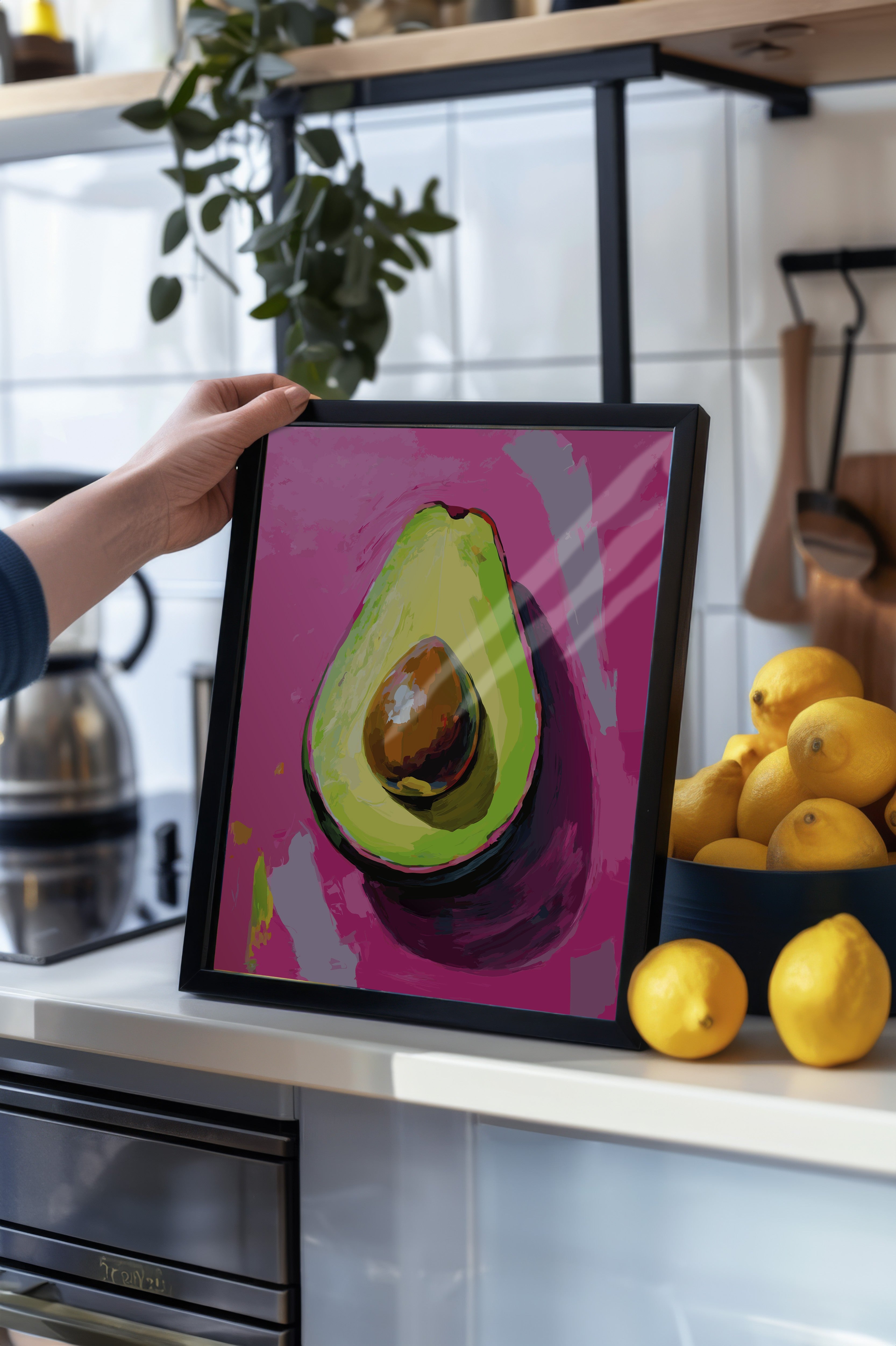 Siyah Çerçeveli Tablo, Avokado, illüstrasyon, Pop Art, Pembe, Yeşil Renk Poster, 2025 Yaz Seçkisi, NO:109866