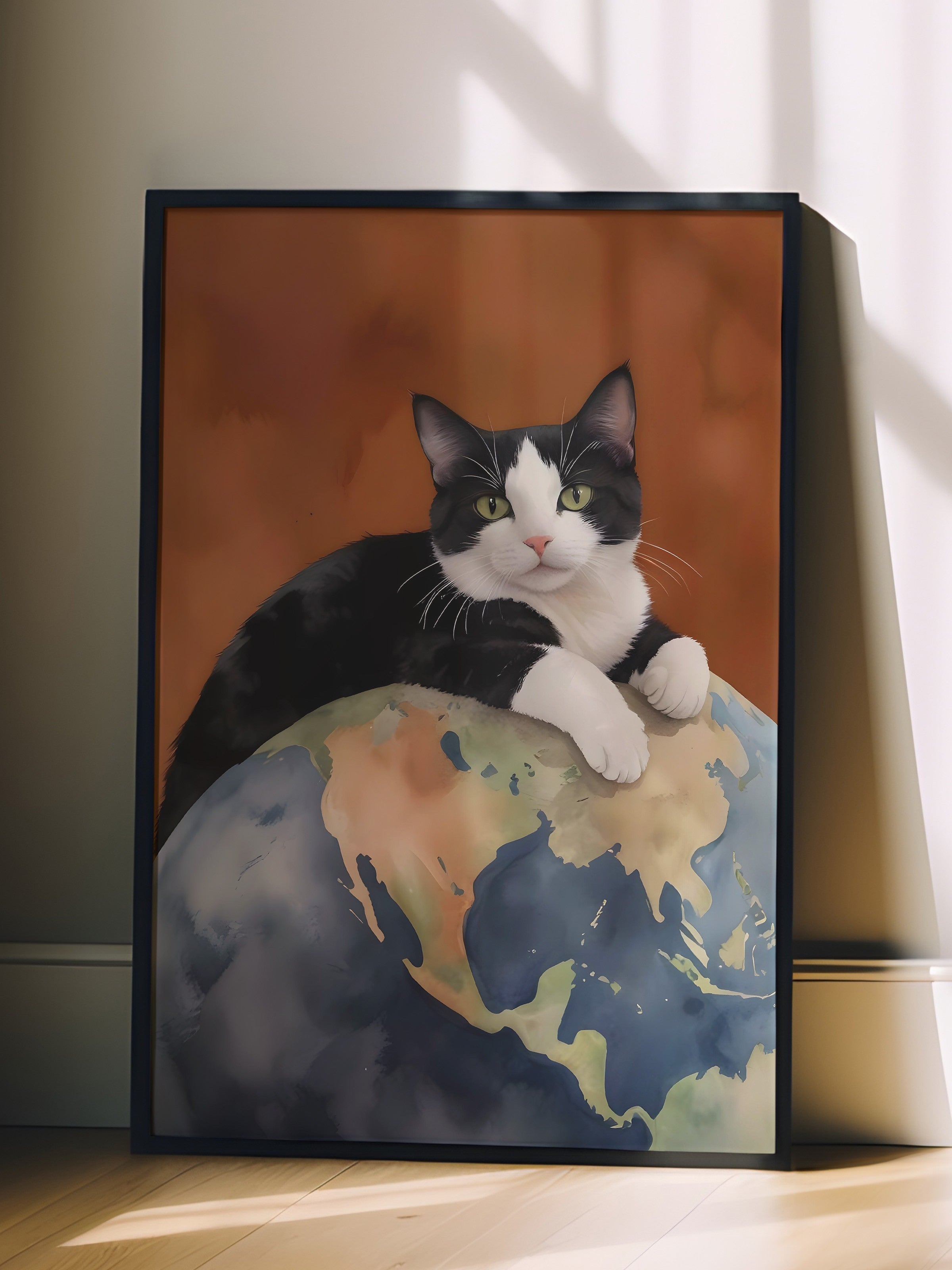 Siyah Çerçeveli Tablo, Black Cat on World, Comfort Serisi Poster ve  Duvar Tablosu, NO:108964