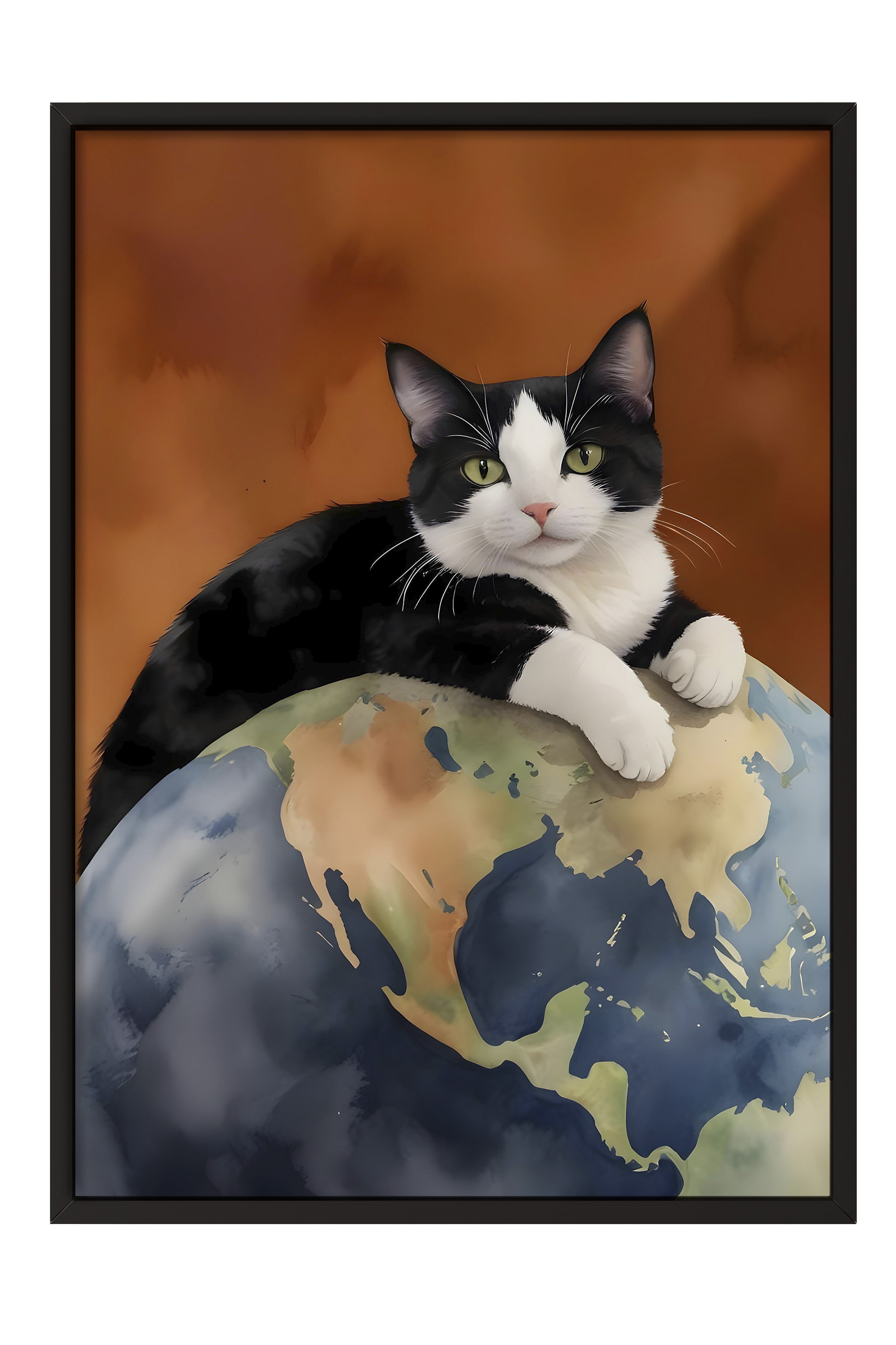 Siyah Çerçeveli Tablo, Black Cat on World, Comfort Serisi Poster ve  Duvar Tablosu, NO:108964