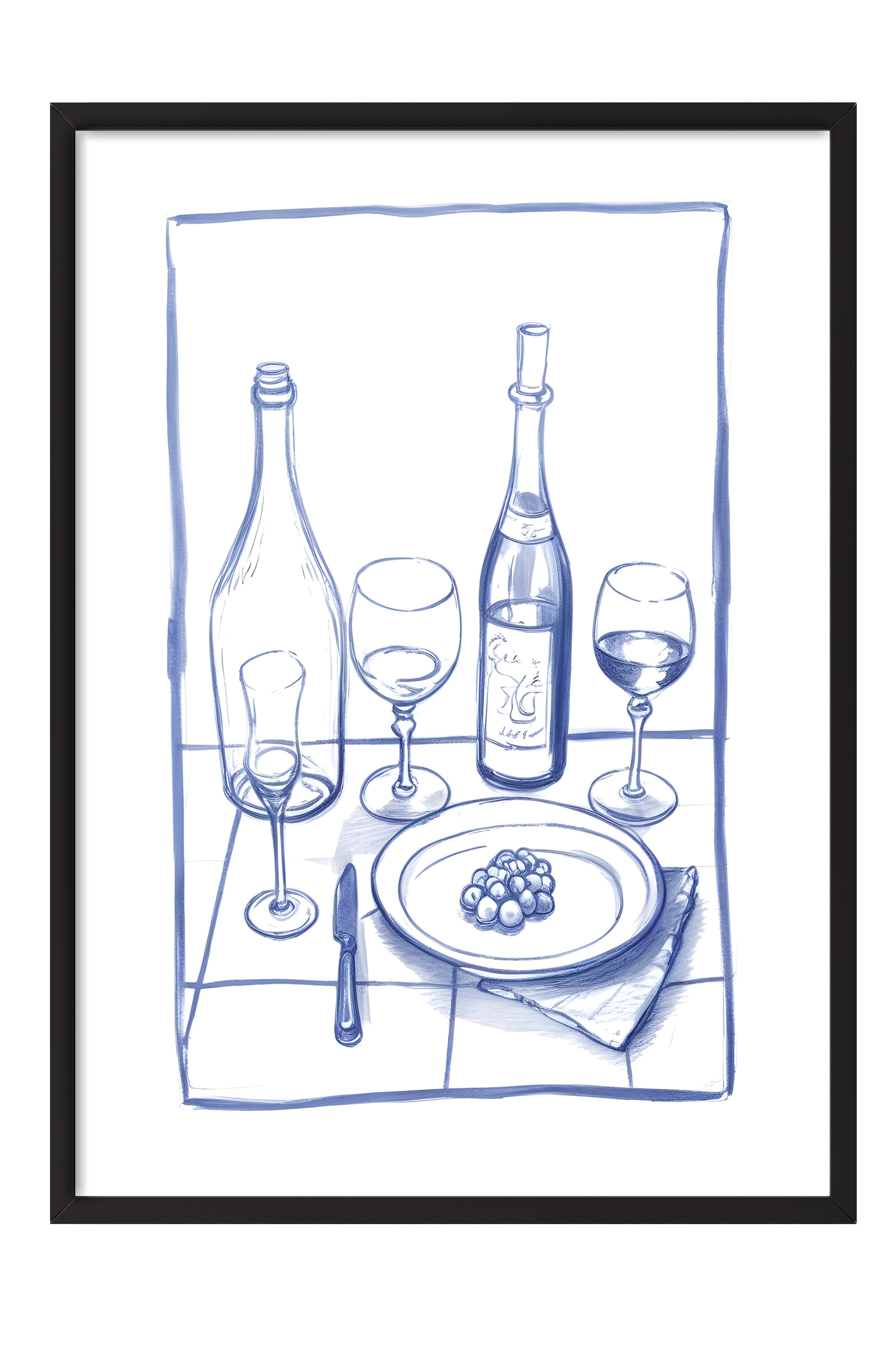 Siyah Çerçeveli Tablo, Bottles & Glasses, Comfort Serisi Mutfak Duvar Tablosu, NO:109116