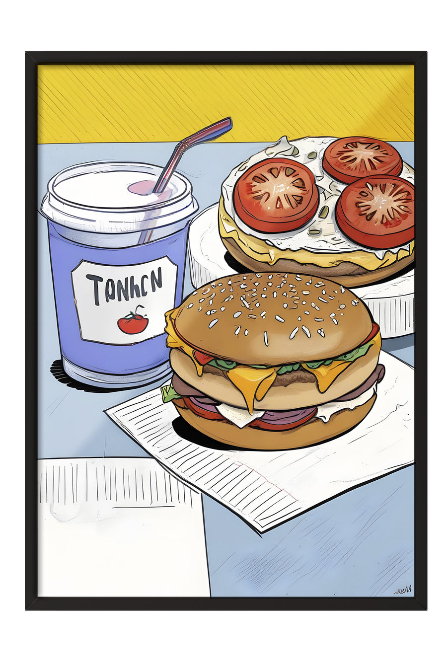 Burger ve İçecek Çizimi Poster – Siyah Çerçeveli Tablo