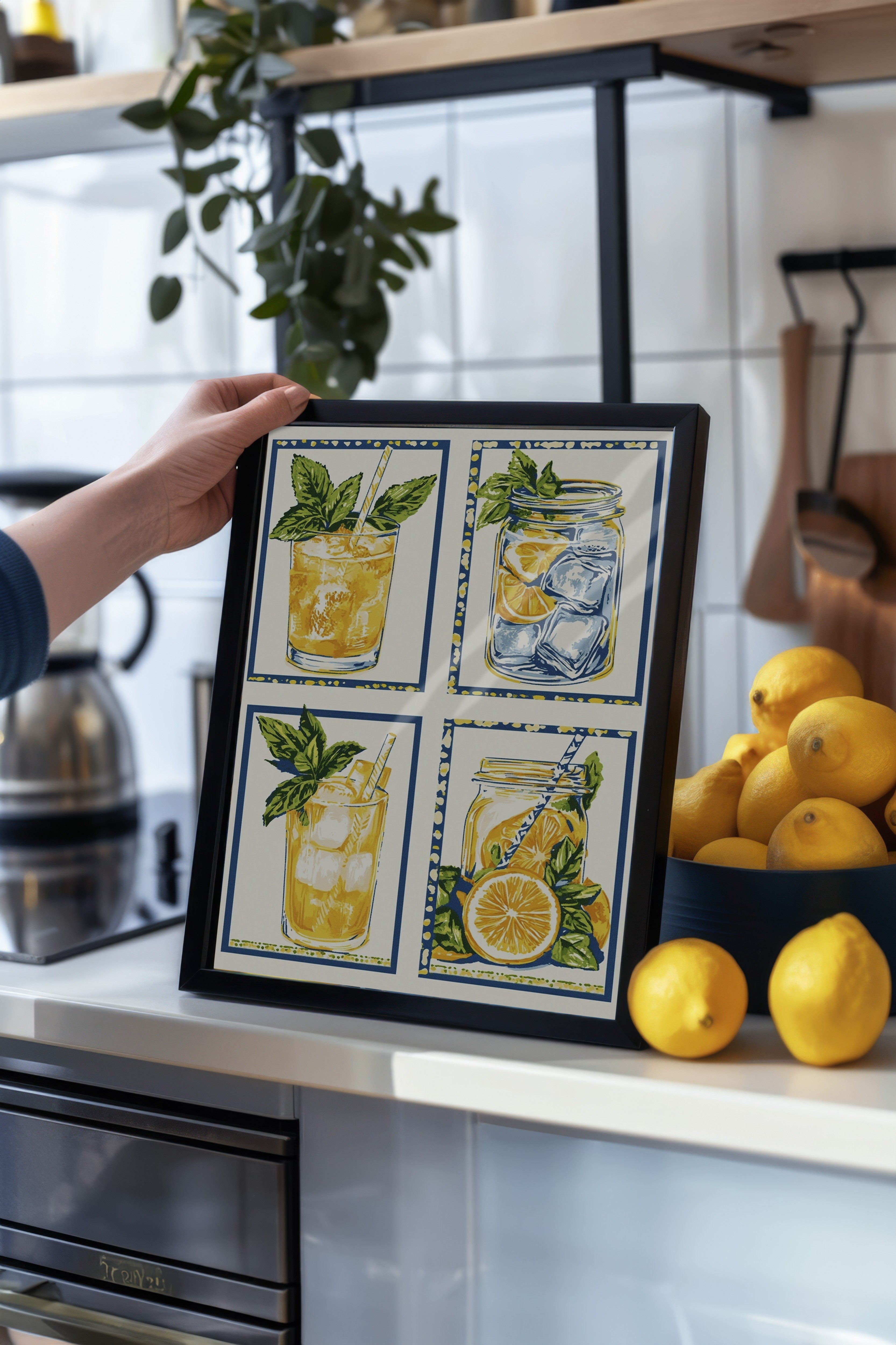 Siyah Çerçeveli Tablo, Cam, Kavanoz, Limon, İllüstrasyon, Retro, Sarı, Mavi Renk Poster, 2025 Yaz Seçkisi, NO:109811