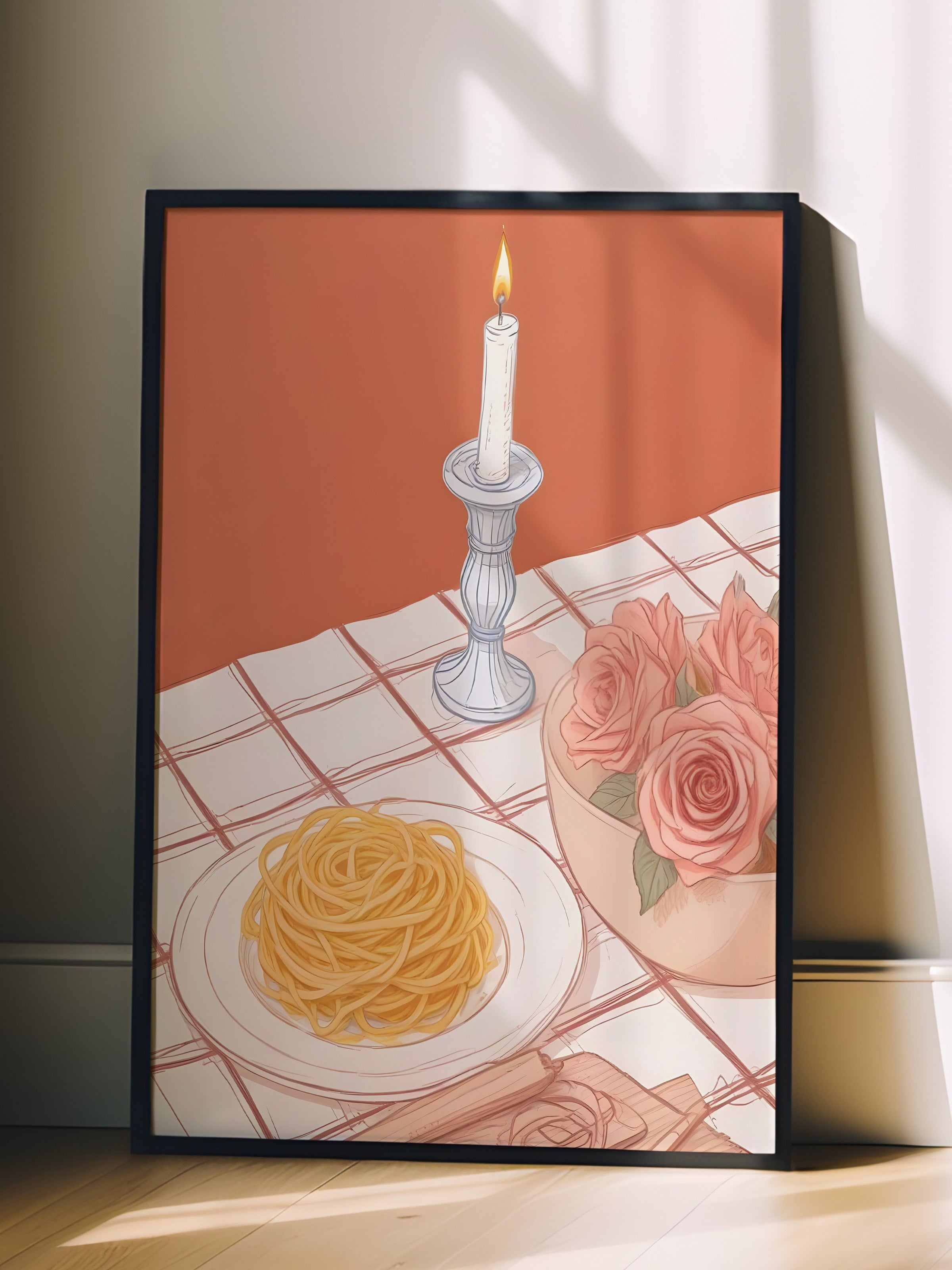 Siyah Çerçeveli Tablo, Candlestick With Pasta, Comfort Serisi Mutfak Duvar Tablosu, NO:109107