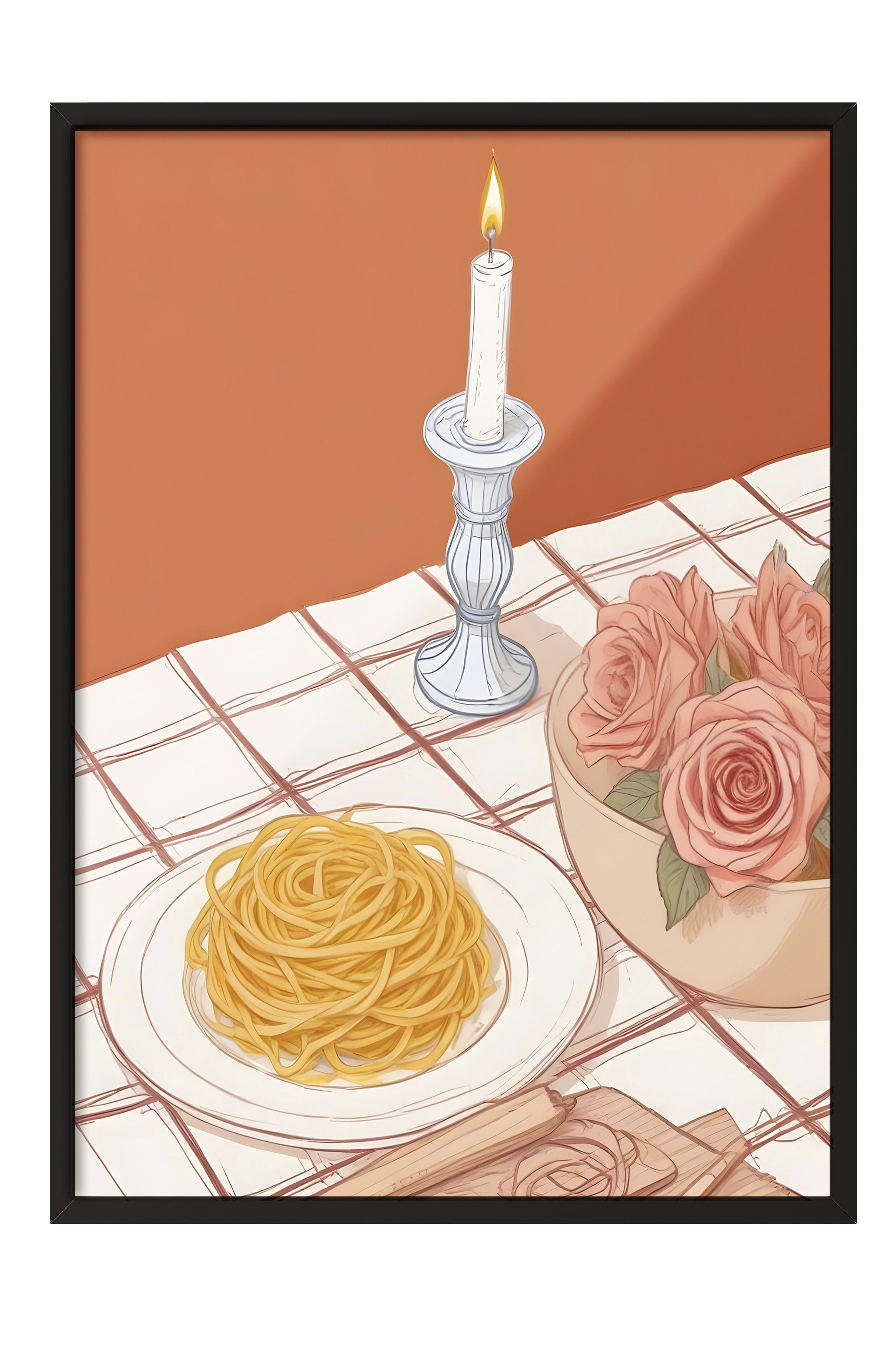 Siyah Çerçeveli Tablo, Candlestick With Pasta, Comfort Serisi Mutfak Duvar Tablosu, NO:109107